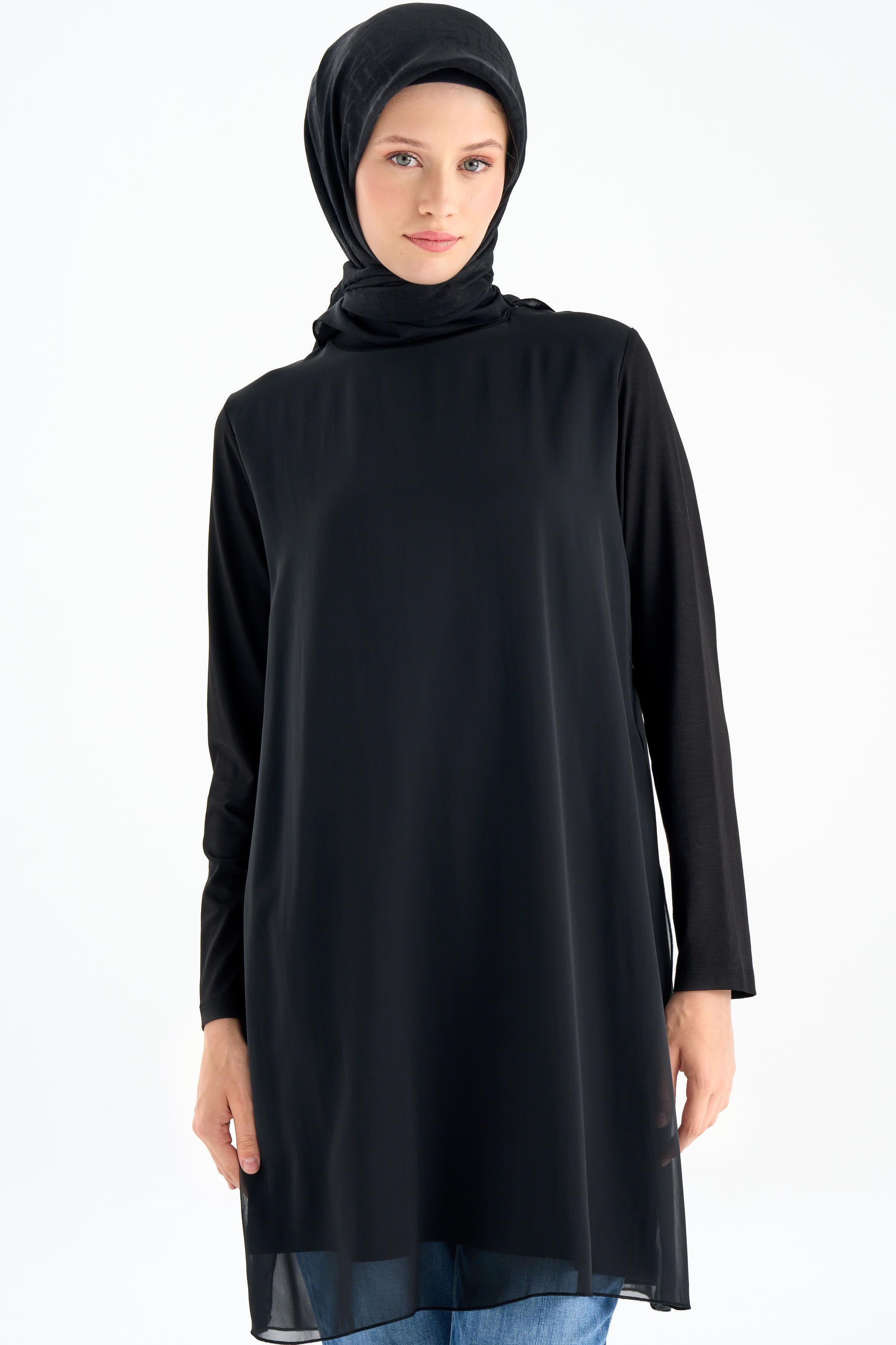 Şifon Garnili Yırtmaçlı Penye Tunik - Siyah TUGBA