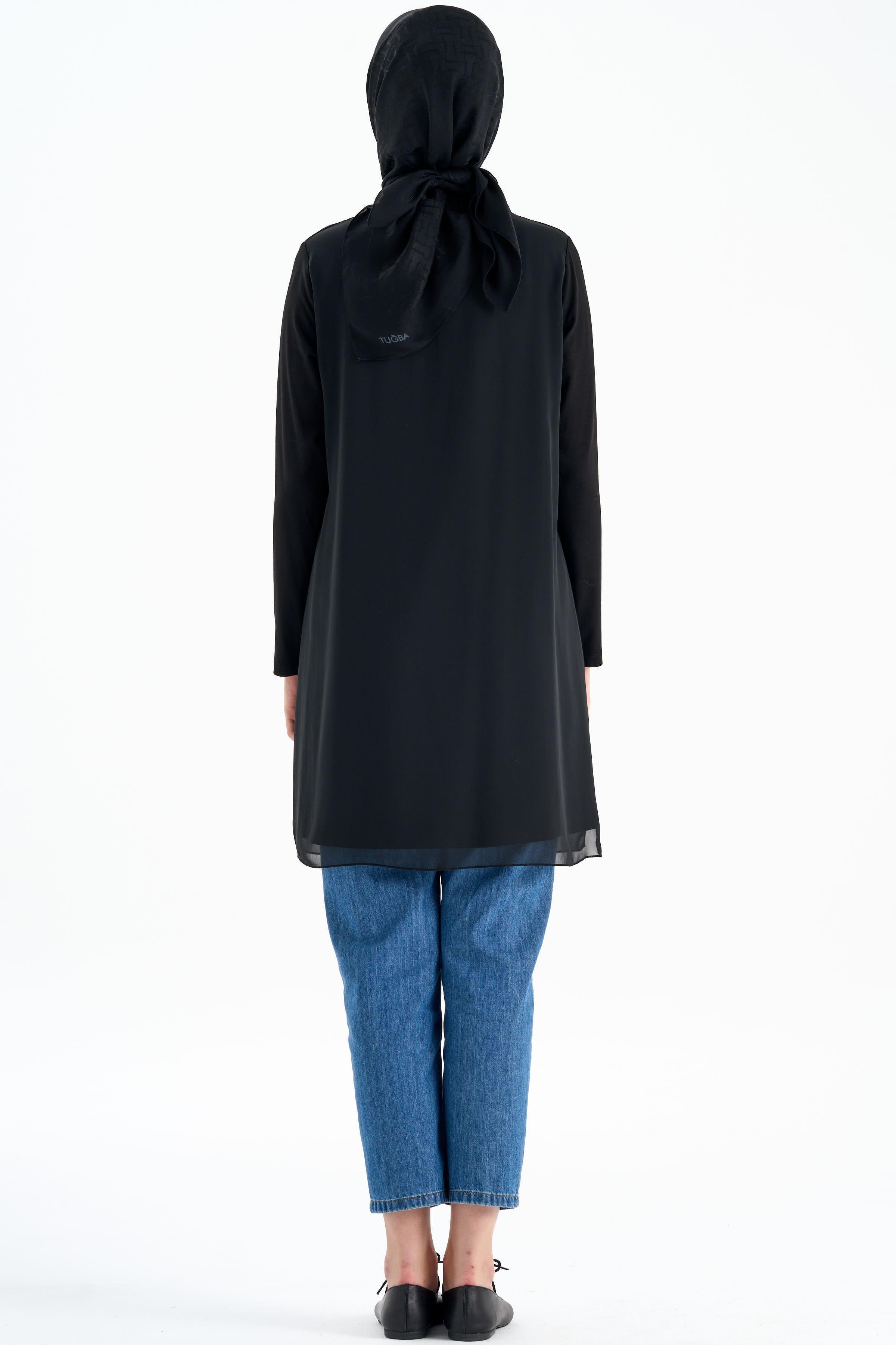 Şifon Garnili Yırtmaçlı Penye Tunik - Siyah TUGBA