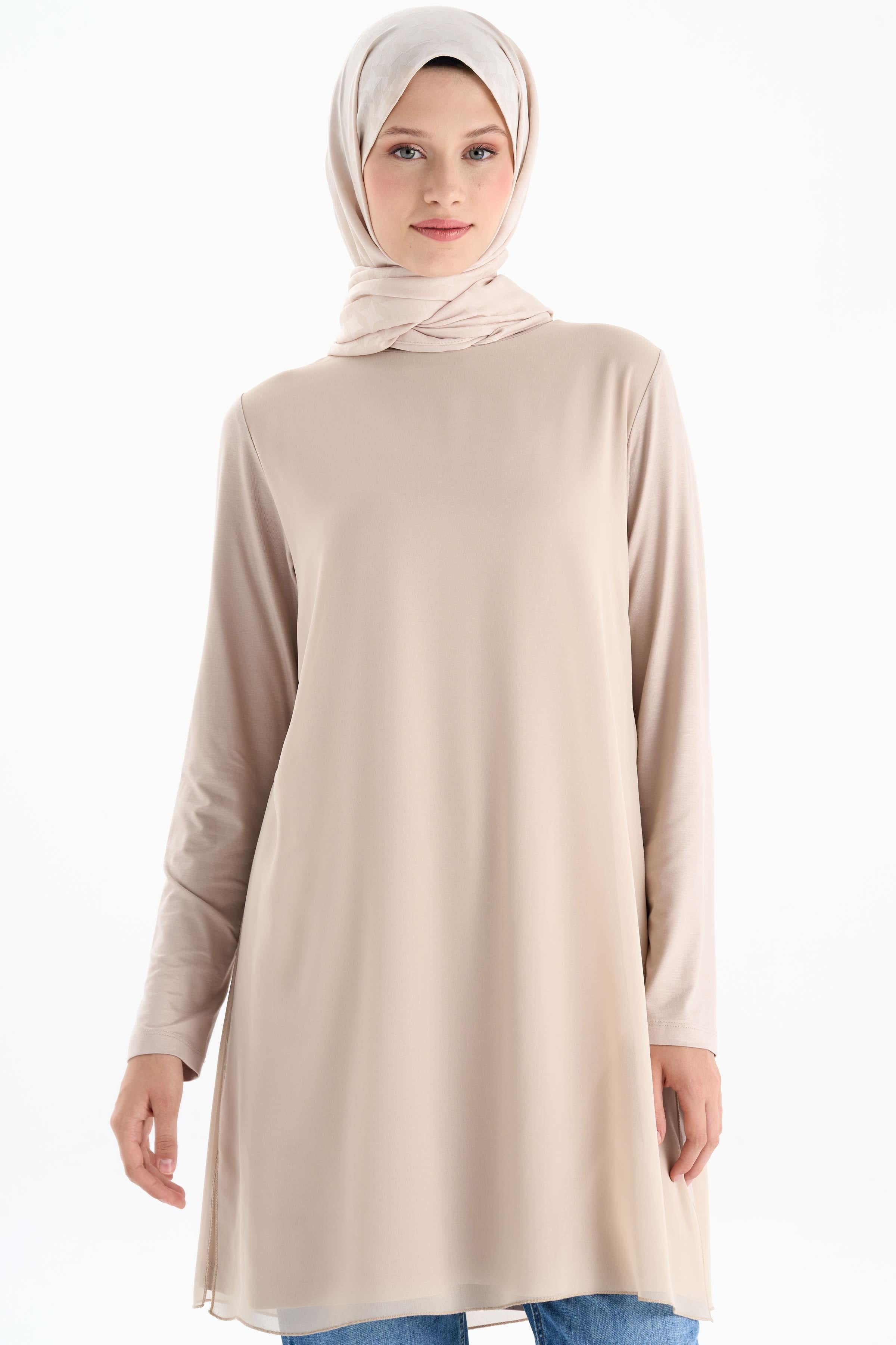 Şifon Garnili Yırtmaçlı Penye Tunik - Taş TUGBA