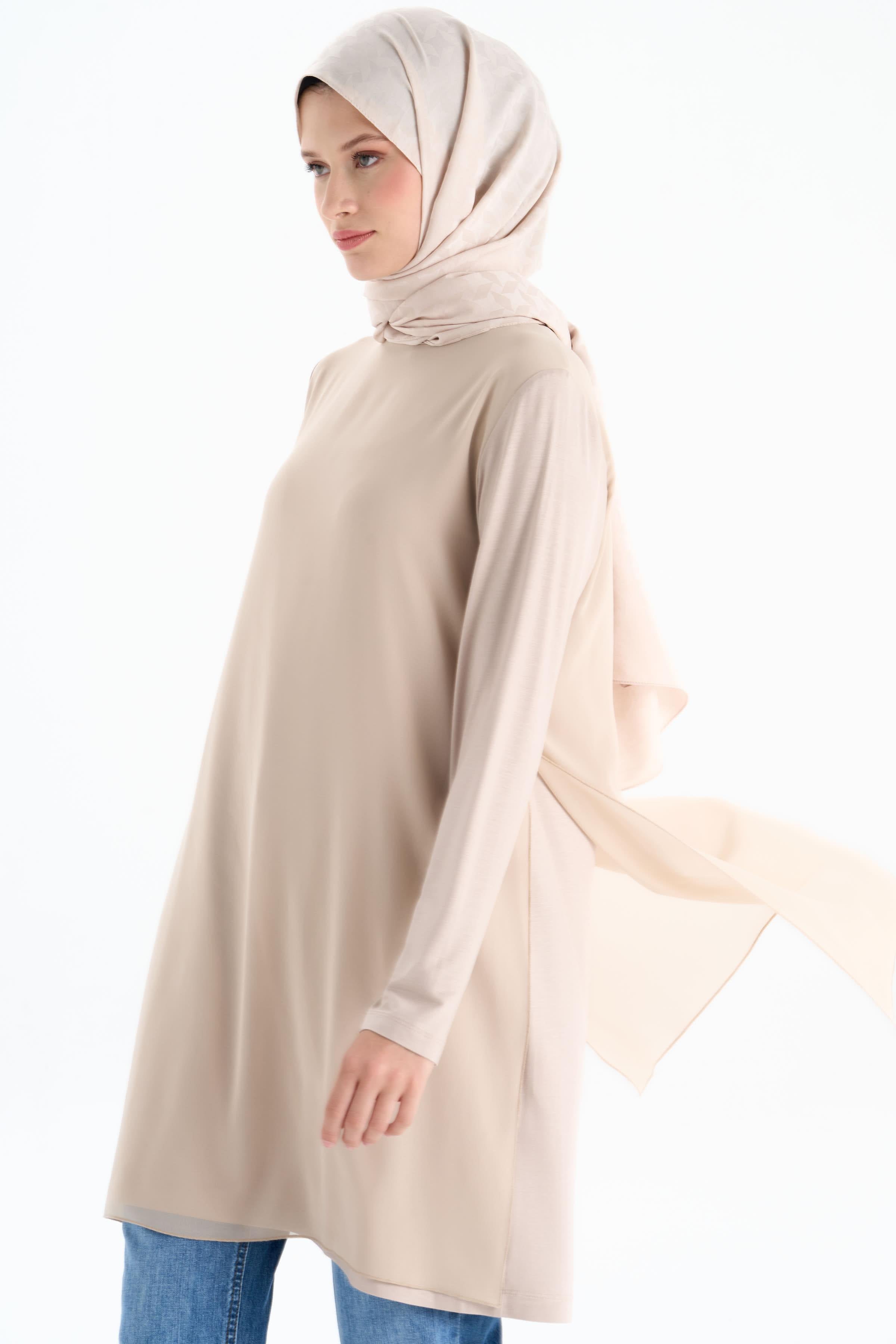 Şifon Garnili Yırtmaçlı Penye Tunik - Taş TUGBA