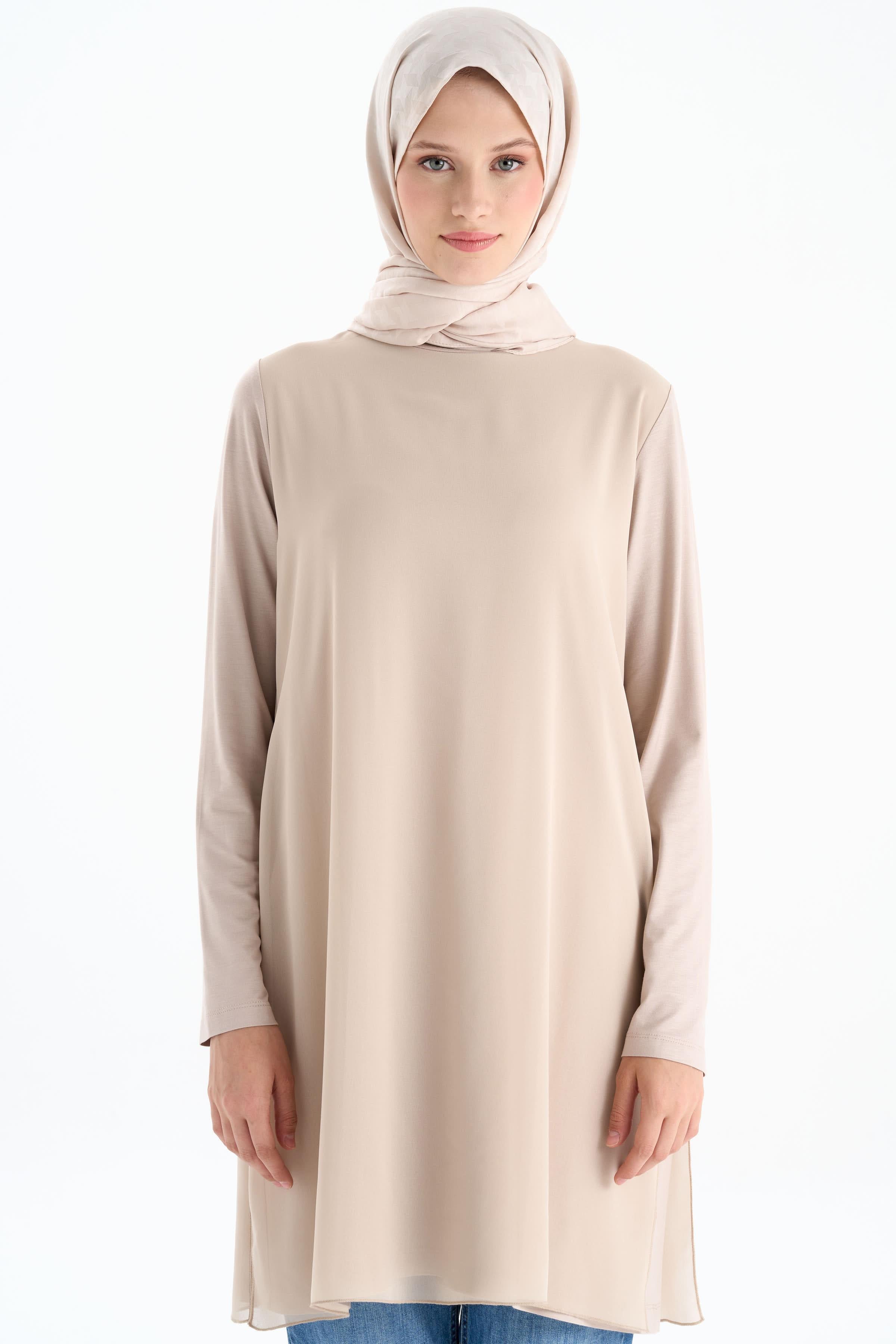 Şifon Garnili Yırtmaçlı Penye Tunik - Taş TUGBA