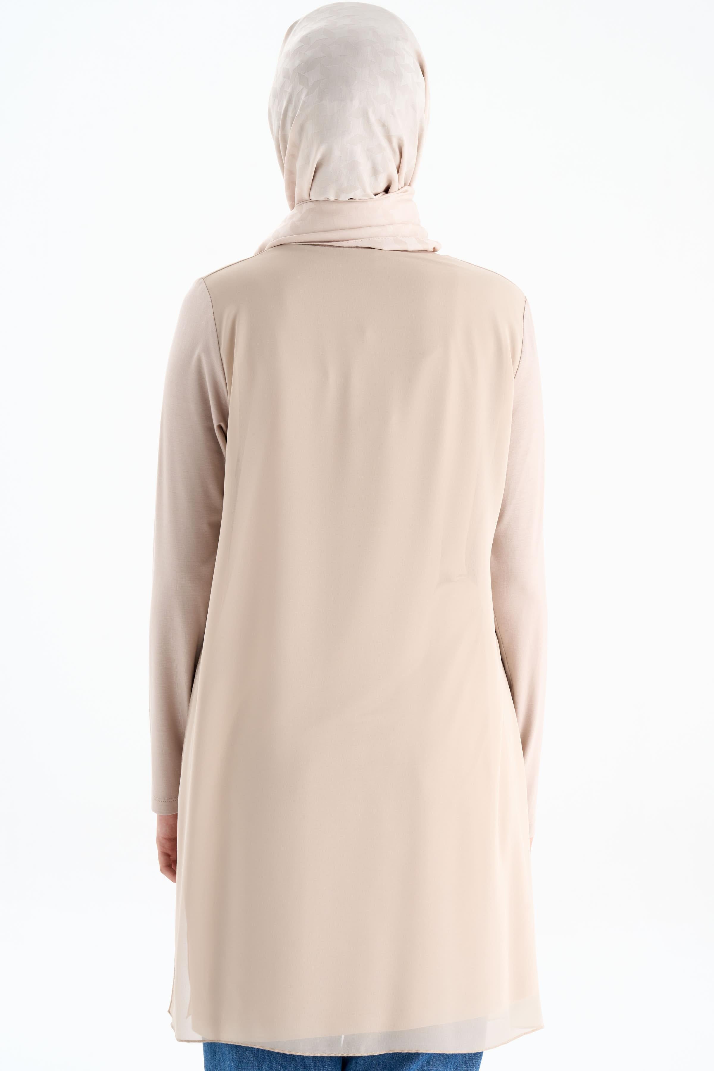 Şifon Garnili Yırtmaçlı Penye Tunik - Taş TUGBA