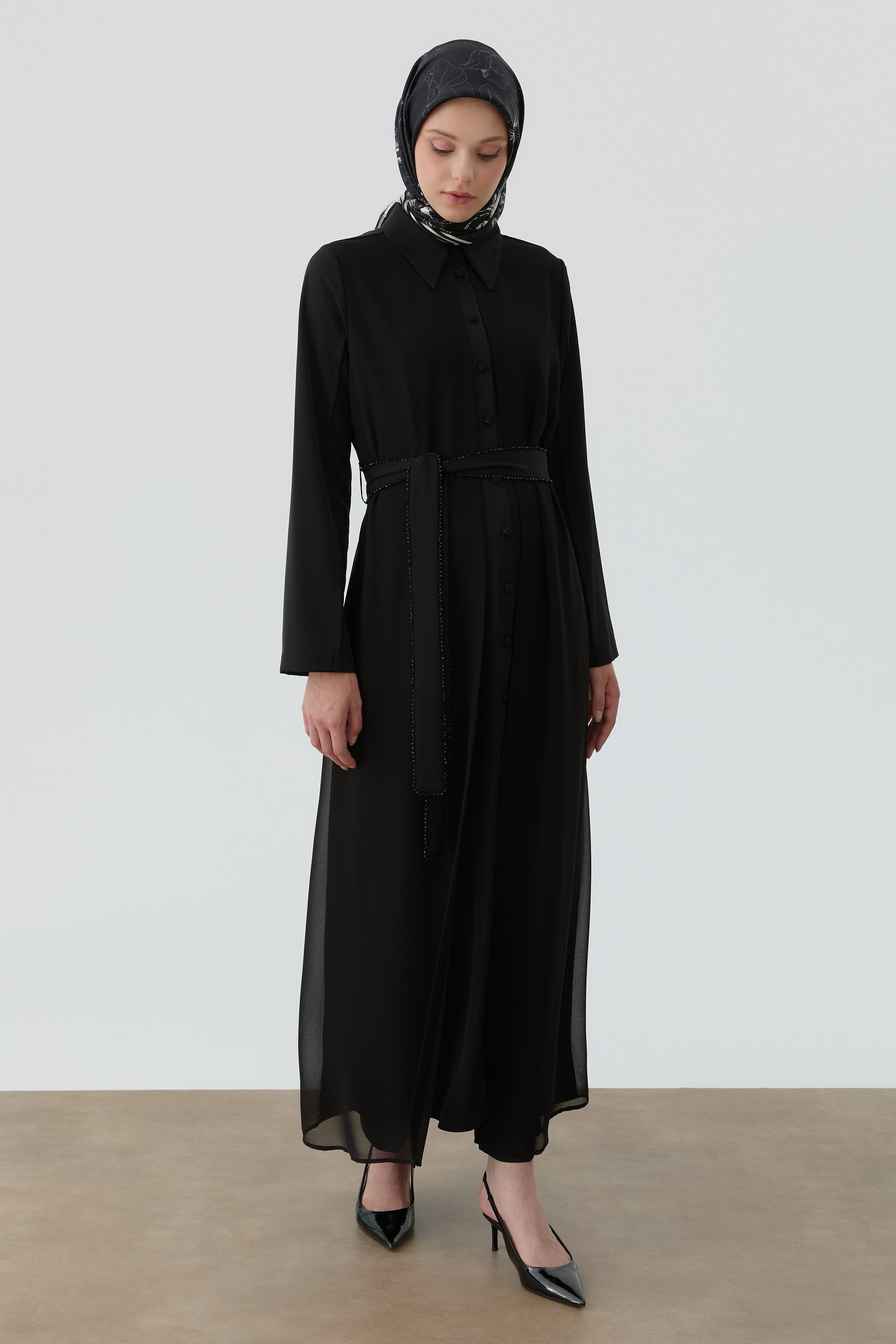 Şifon Kombinli Uzun Tunik - Siyah TUGBA