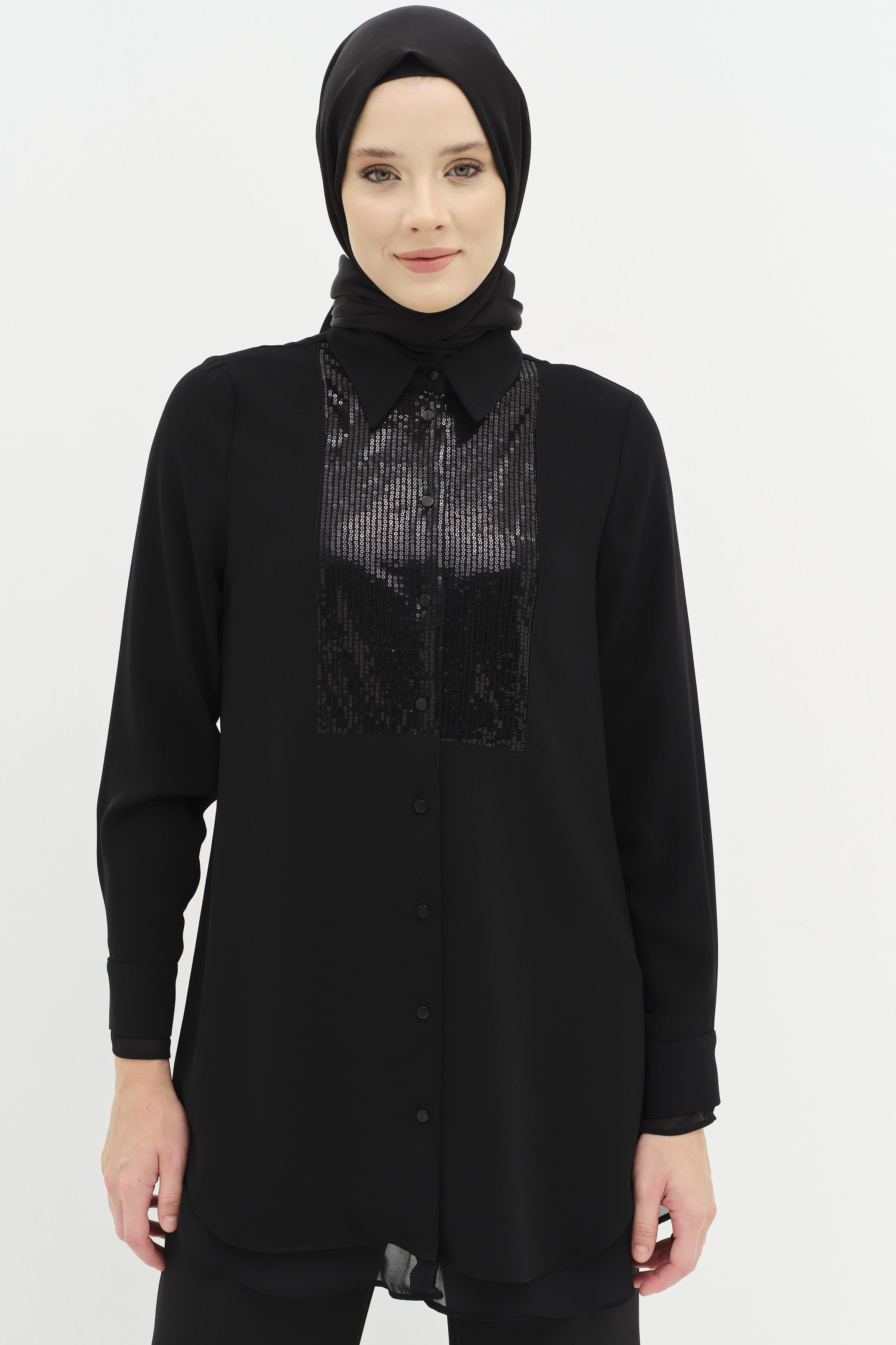 Şifon Ve Payet Garnili Tunik - Siyah TUGBA