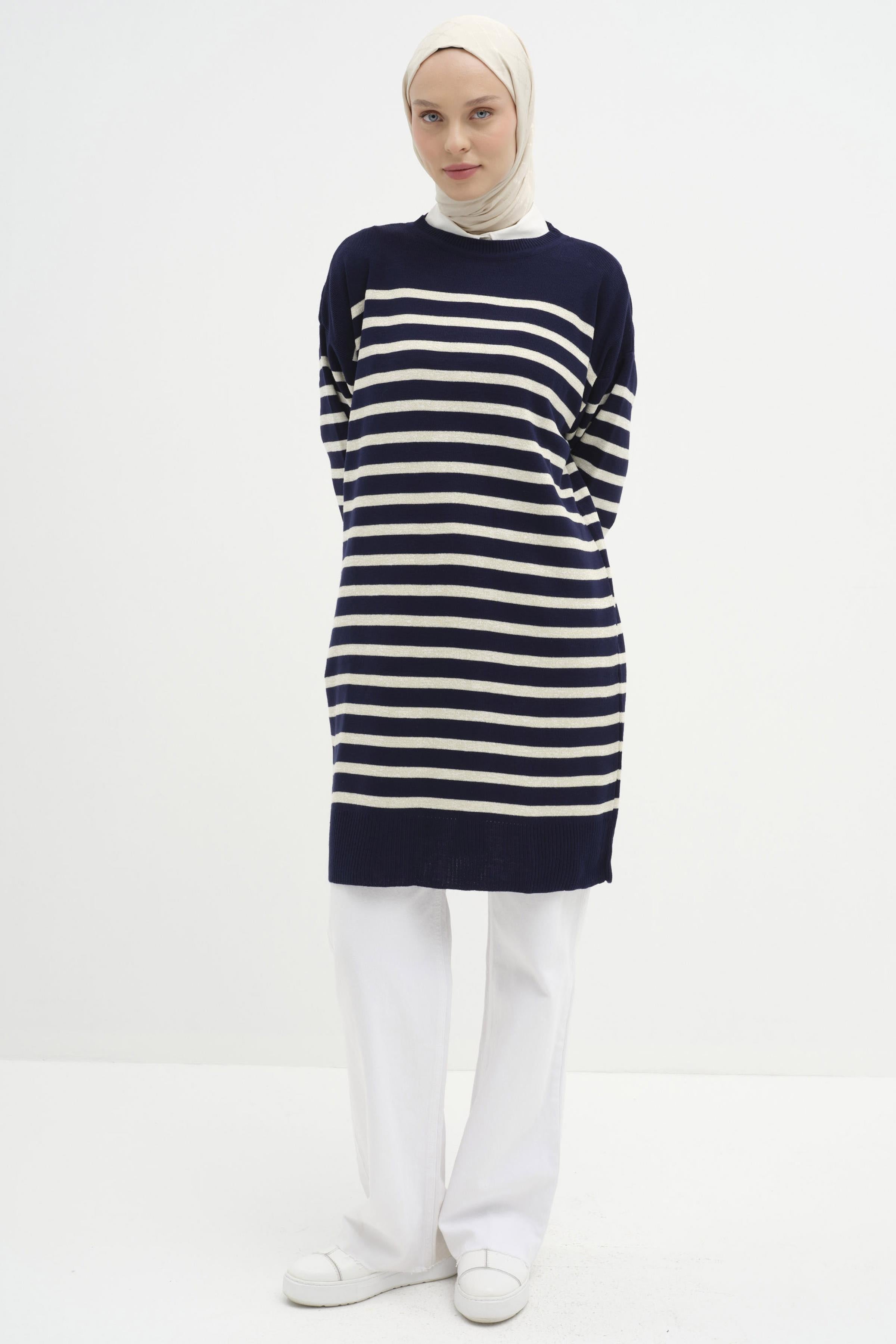Sim İpli Çizgili Triko Tunik - Lacivert - Ekru TUGBA