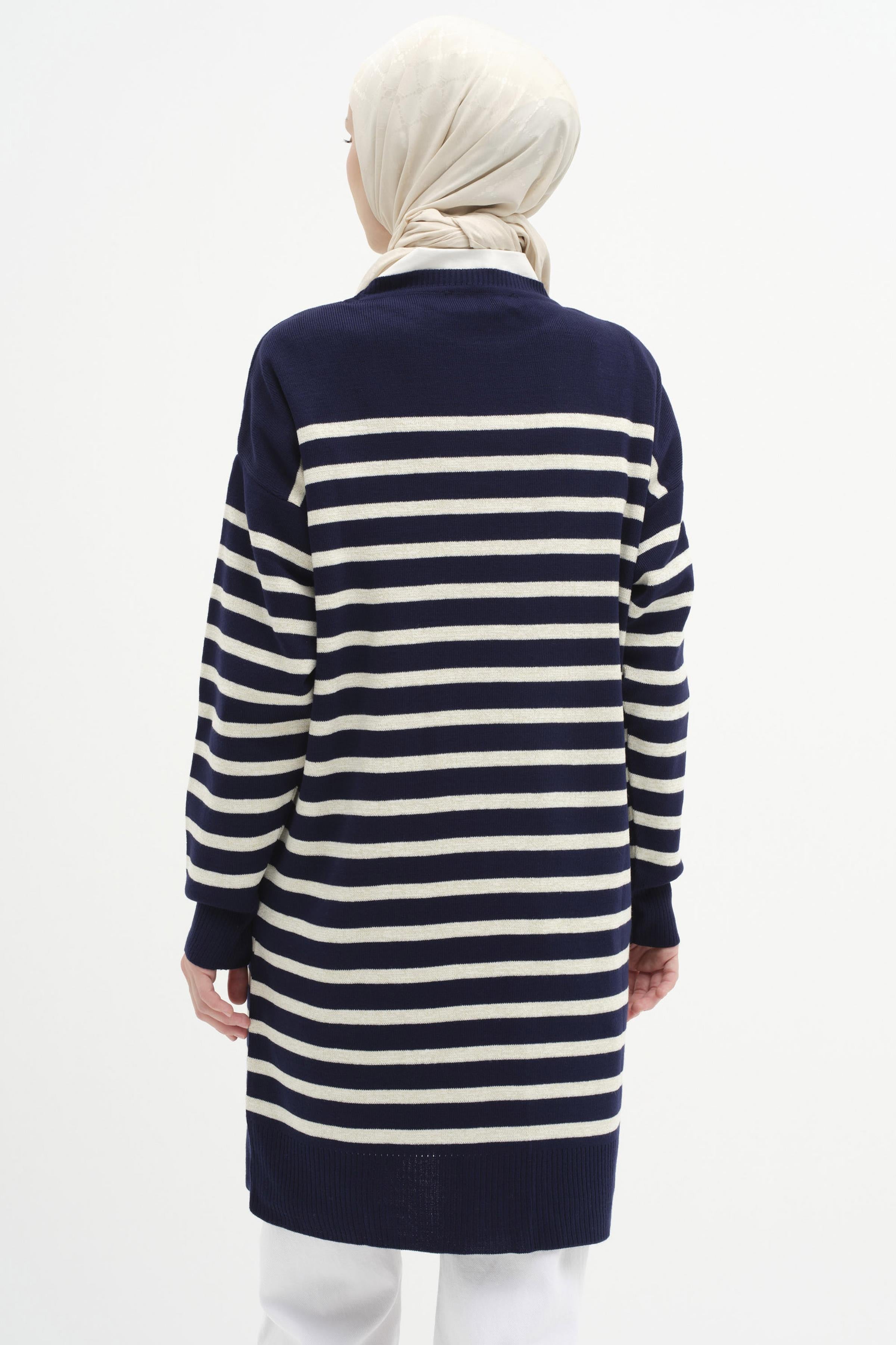 Sim İpli Çizgili Triko Tunik - Lacivert - Ekru TUGBA