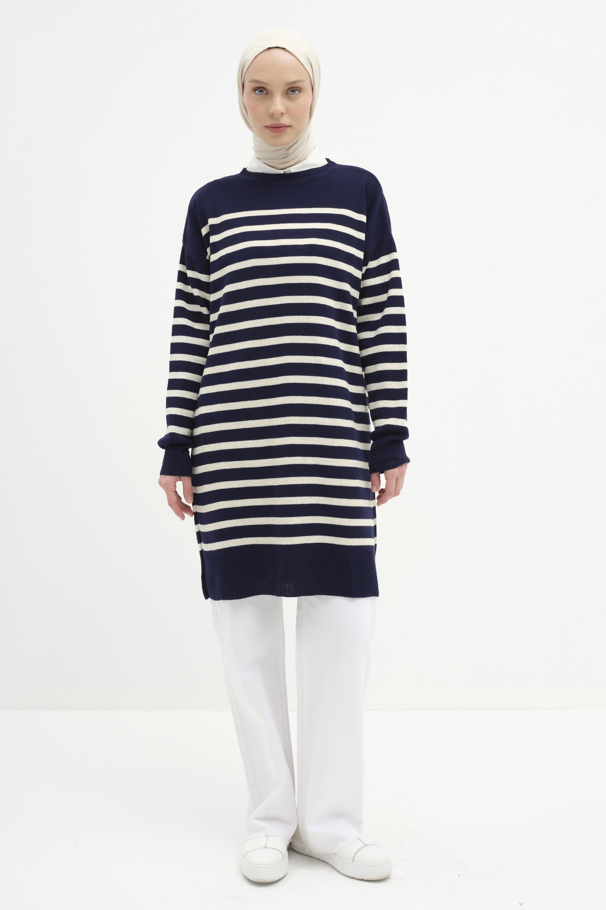 Sim İpli Çizgili Triko Tunik - Lacivert - Ekru TUGBA