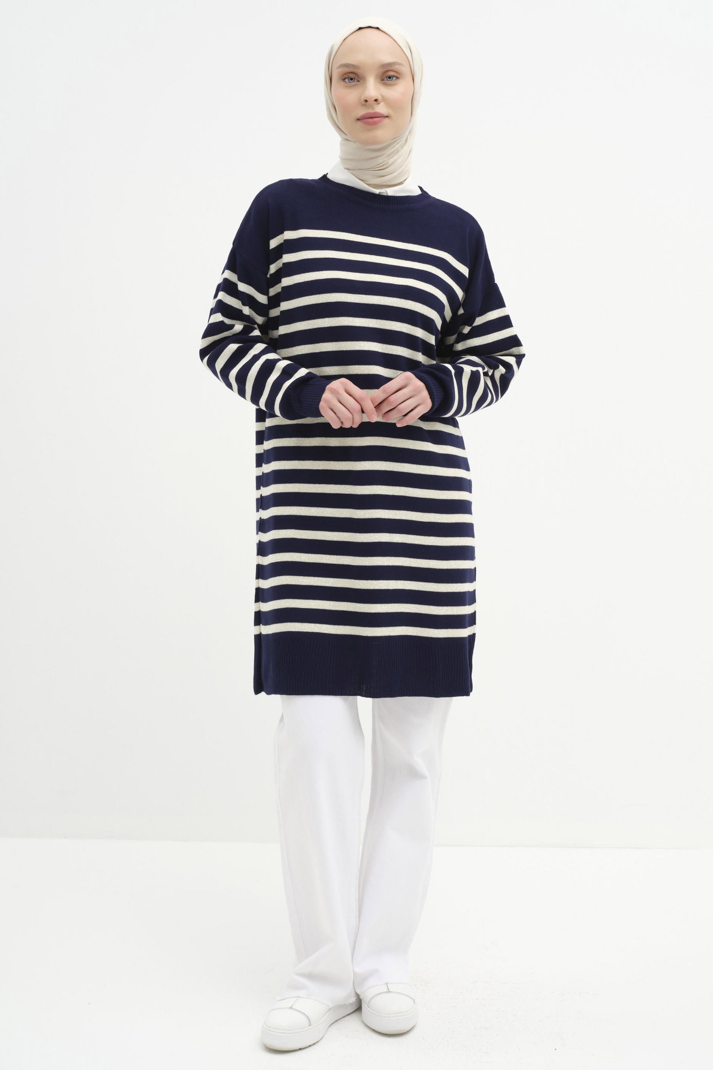 Sim İpli Çizgili Triko Tunik - Lacivert - Ekru TUGBA