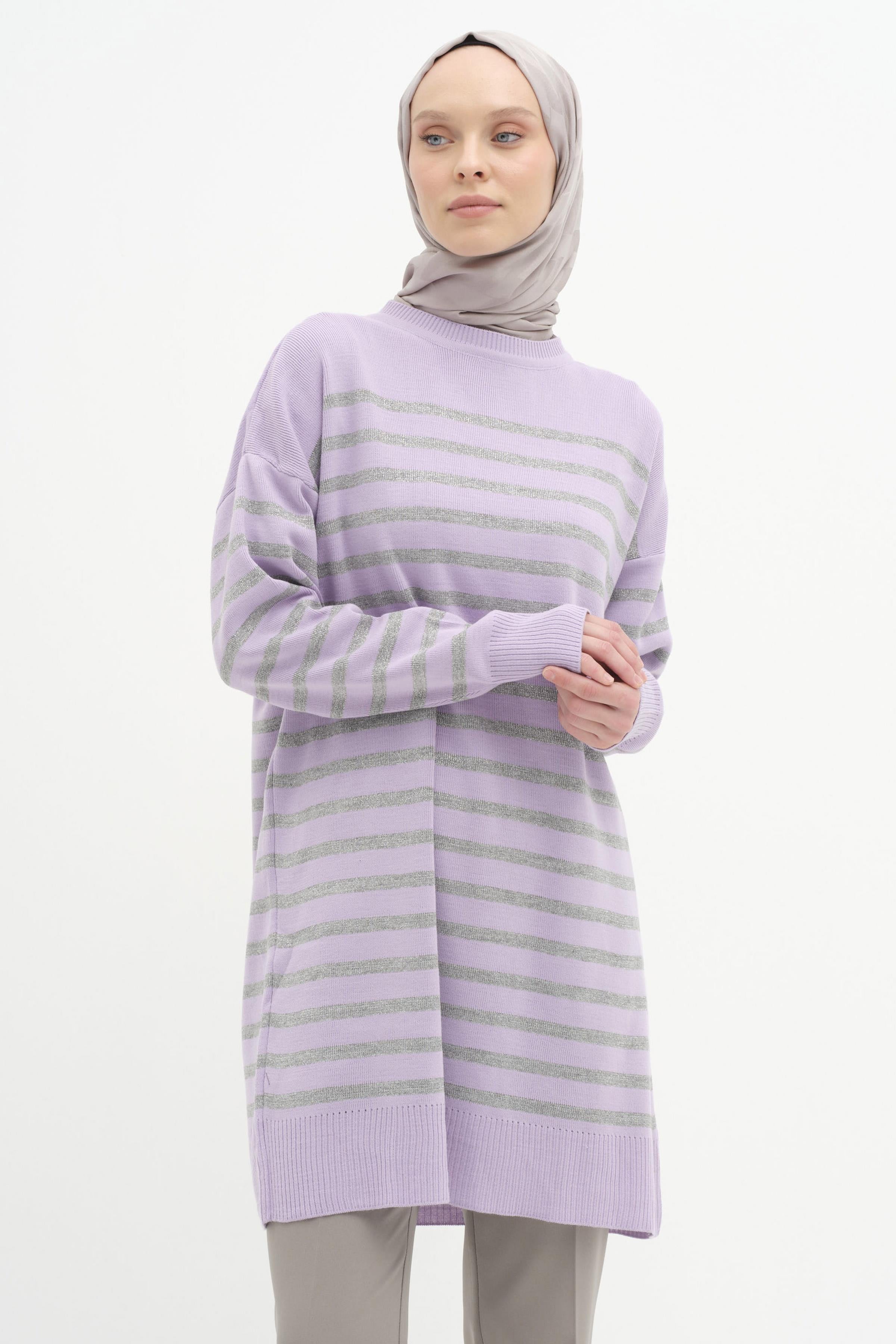Sim İpli Çizgili Triko Tunik - Lila TUGBA