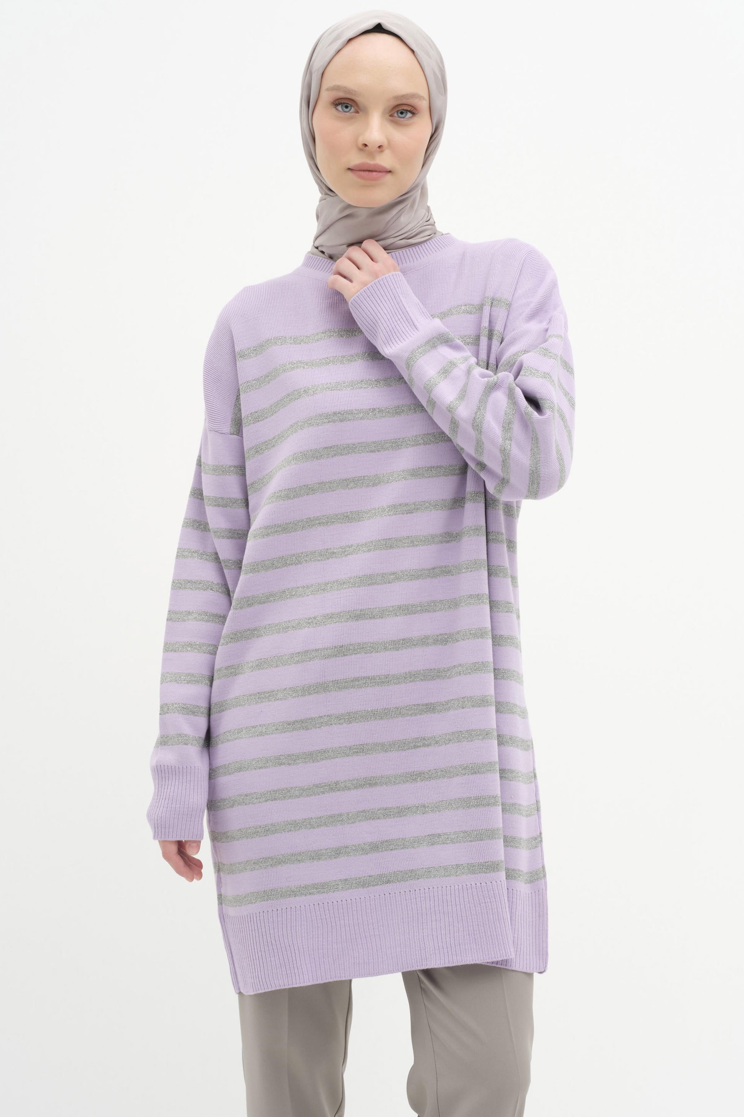 Sim İpli Çizgili Triko Tunik - Lila TUGBA