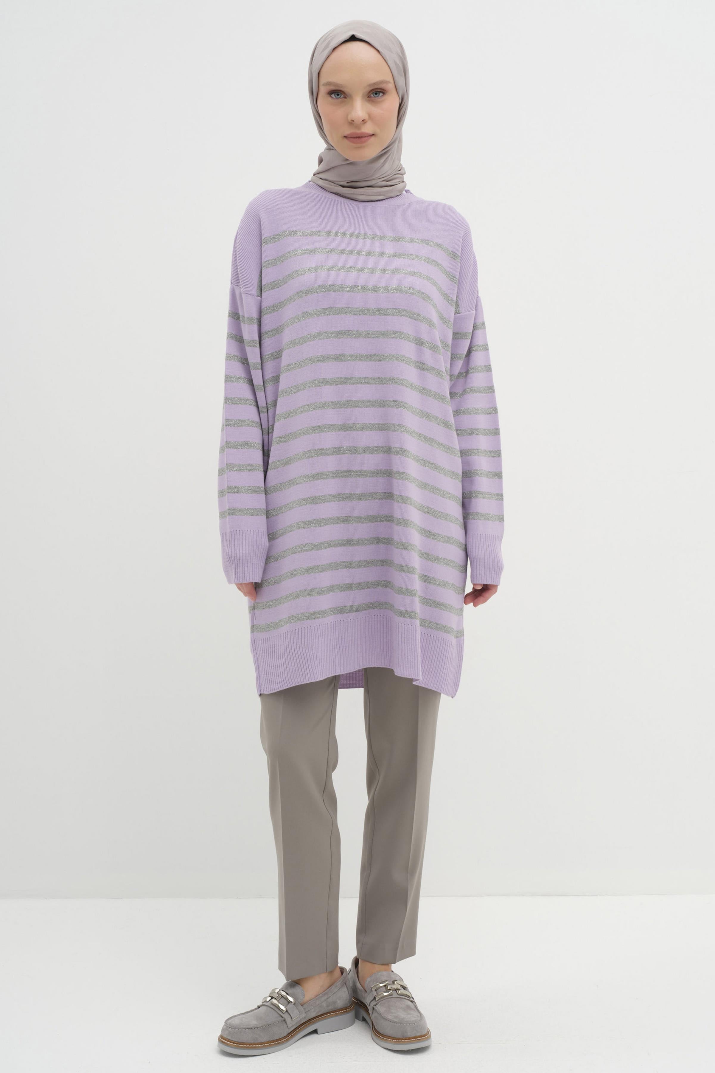 Sim İpli Çizgili Triko Tunik - Lila TUGBA