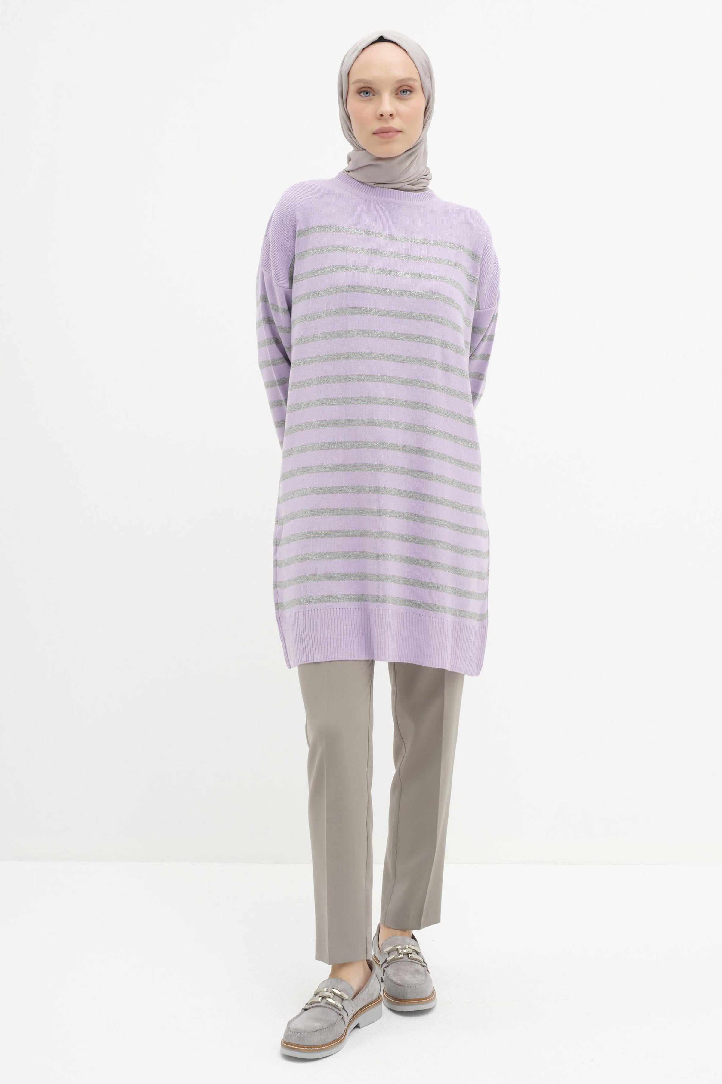 Sim İpli Çizgili Triko Tunik - Lila TUGBA