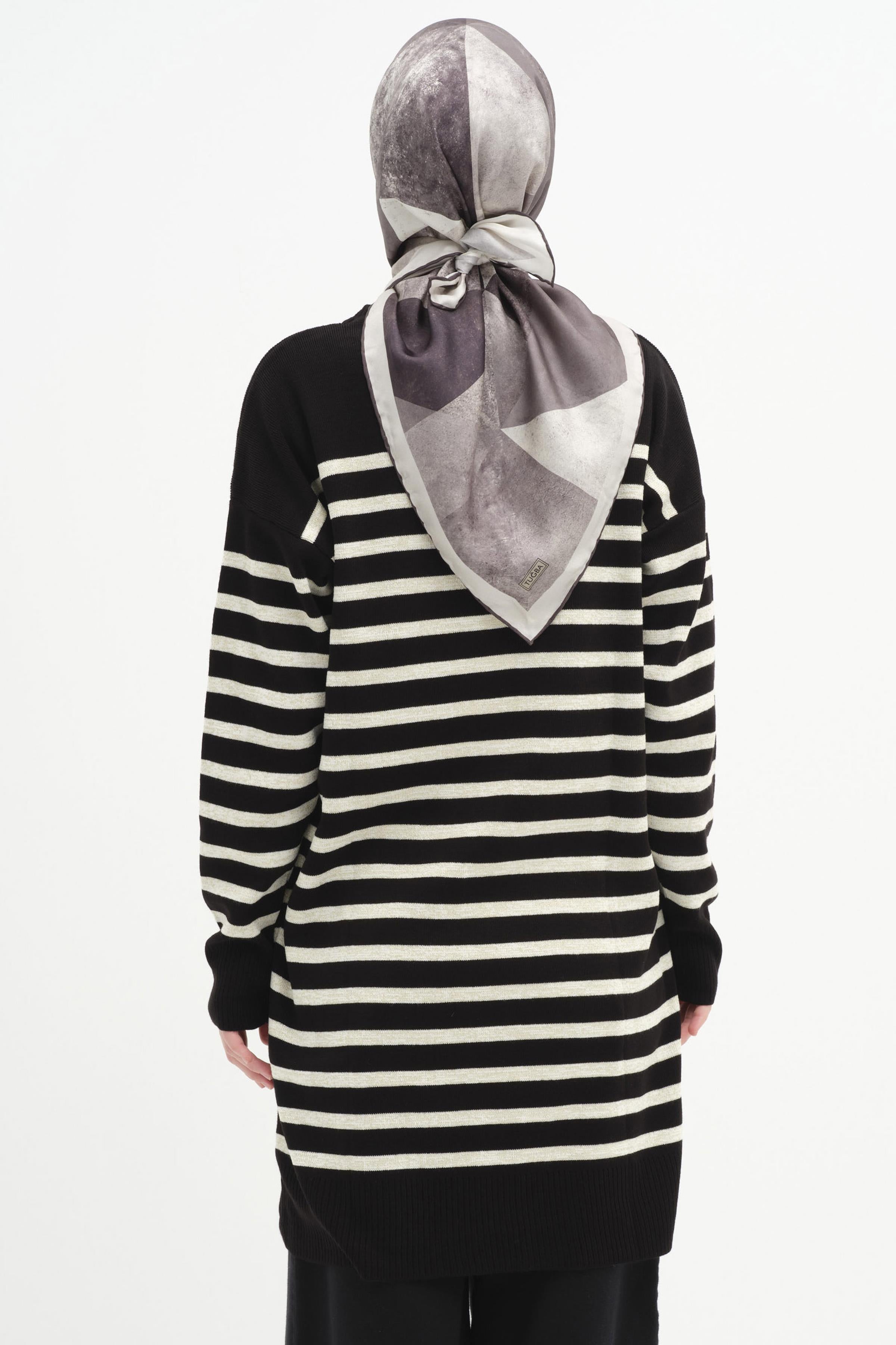 Sim İpli Çizgili Triko Tunik - Siyah - Ekru TUGBA