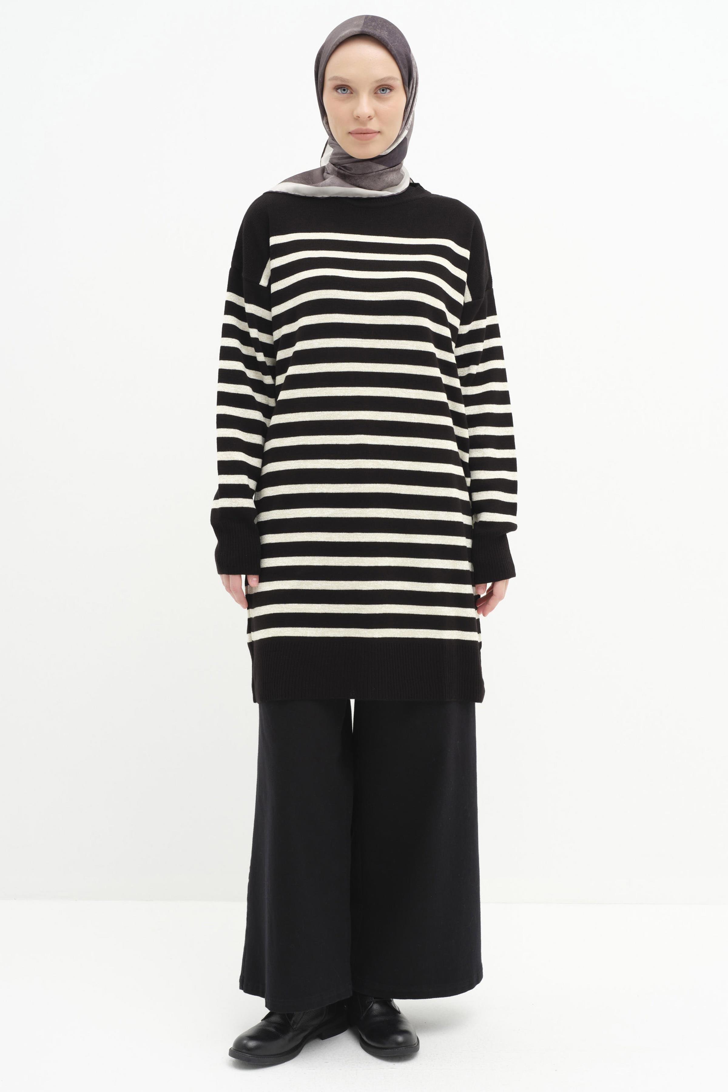 Sim İpli Çizgili Triko Tunik - Siyah - Ekru TUGBA