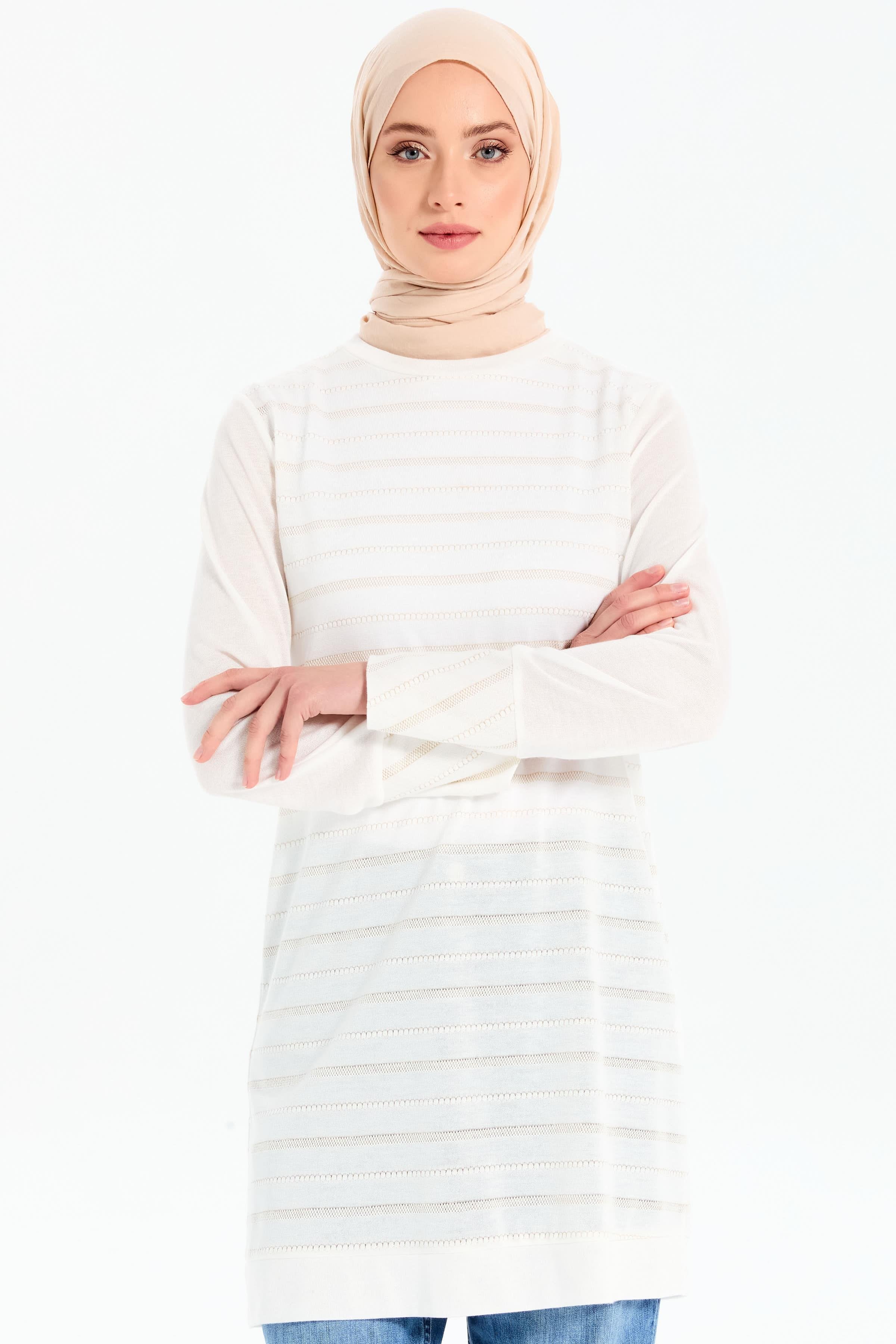 Sim İpli İnce Triko Tunik - Ekru TUGBA