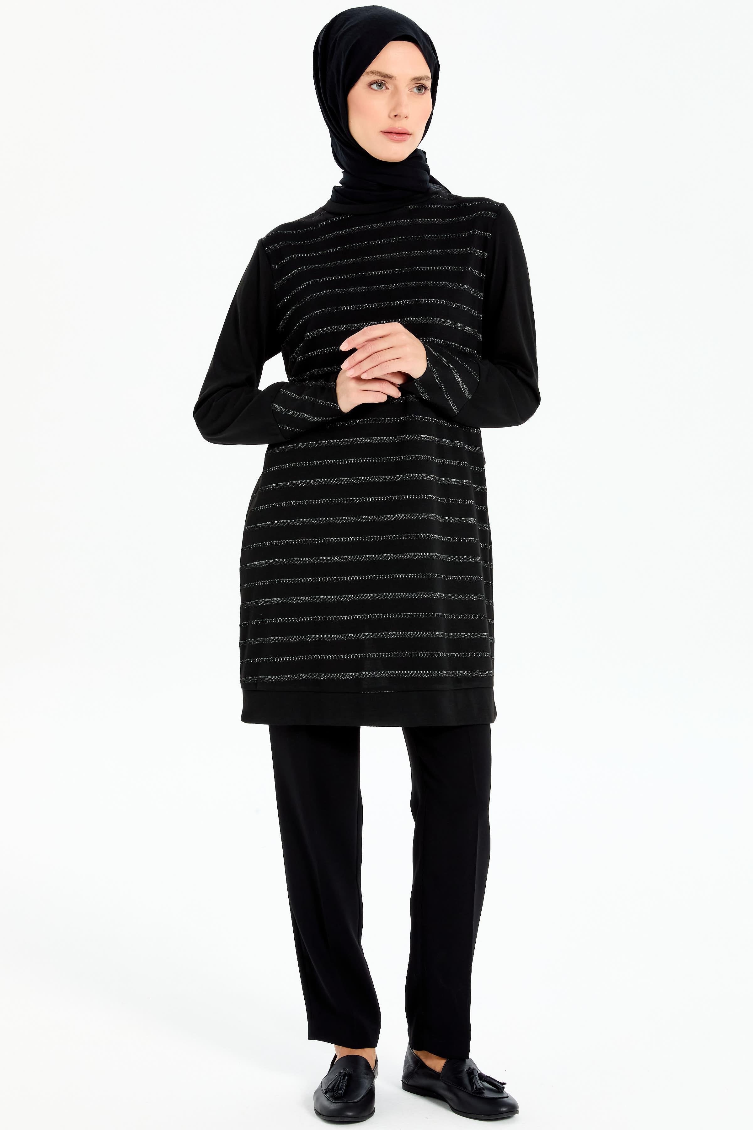 Sim İpli İnce Triko Tunik - Siyah TUGBA