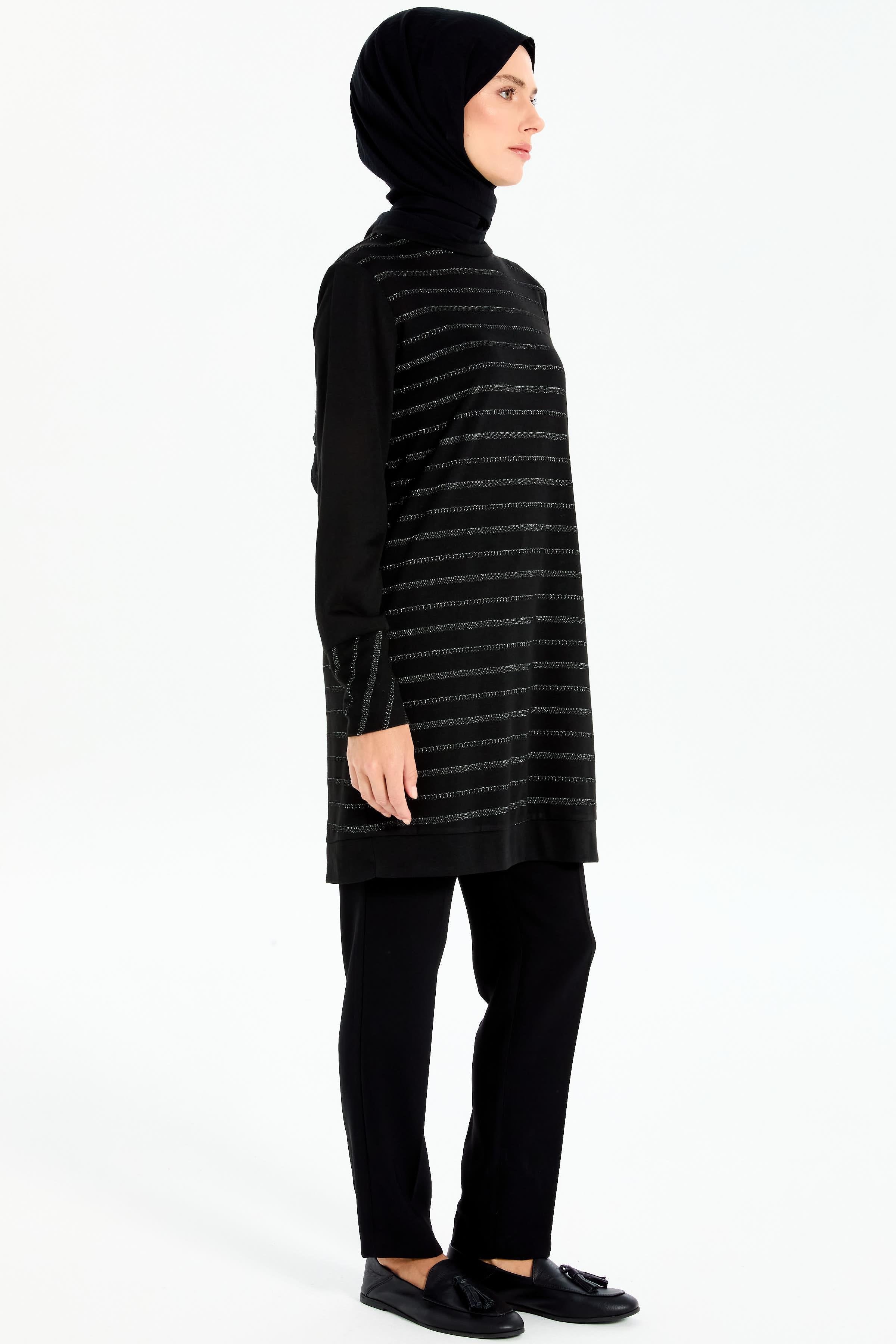 Sim İpli İnce Triko Tunik - Siyah TUGBA