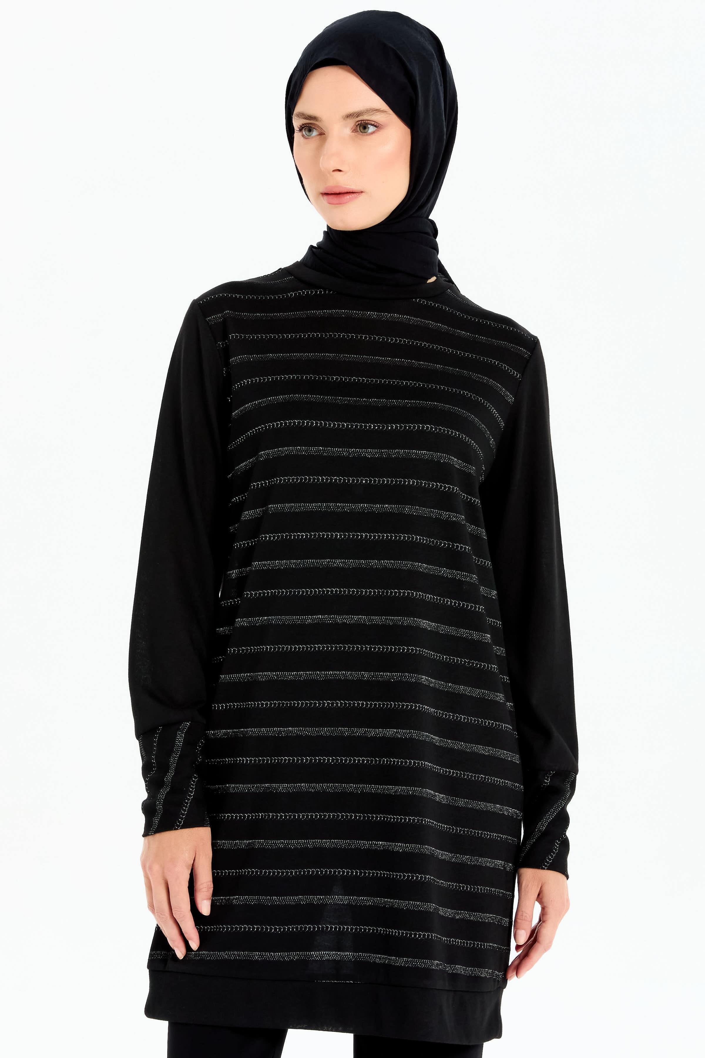 Sim İpli İnce Triko Tunik - Siyah TUGBA