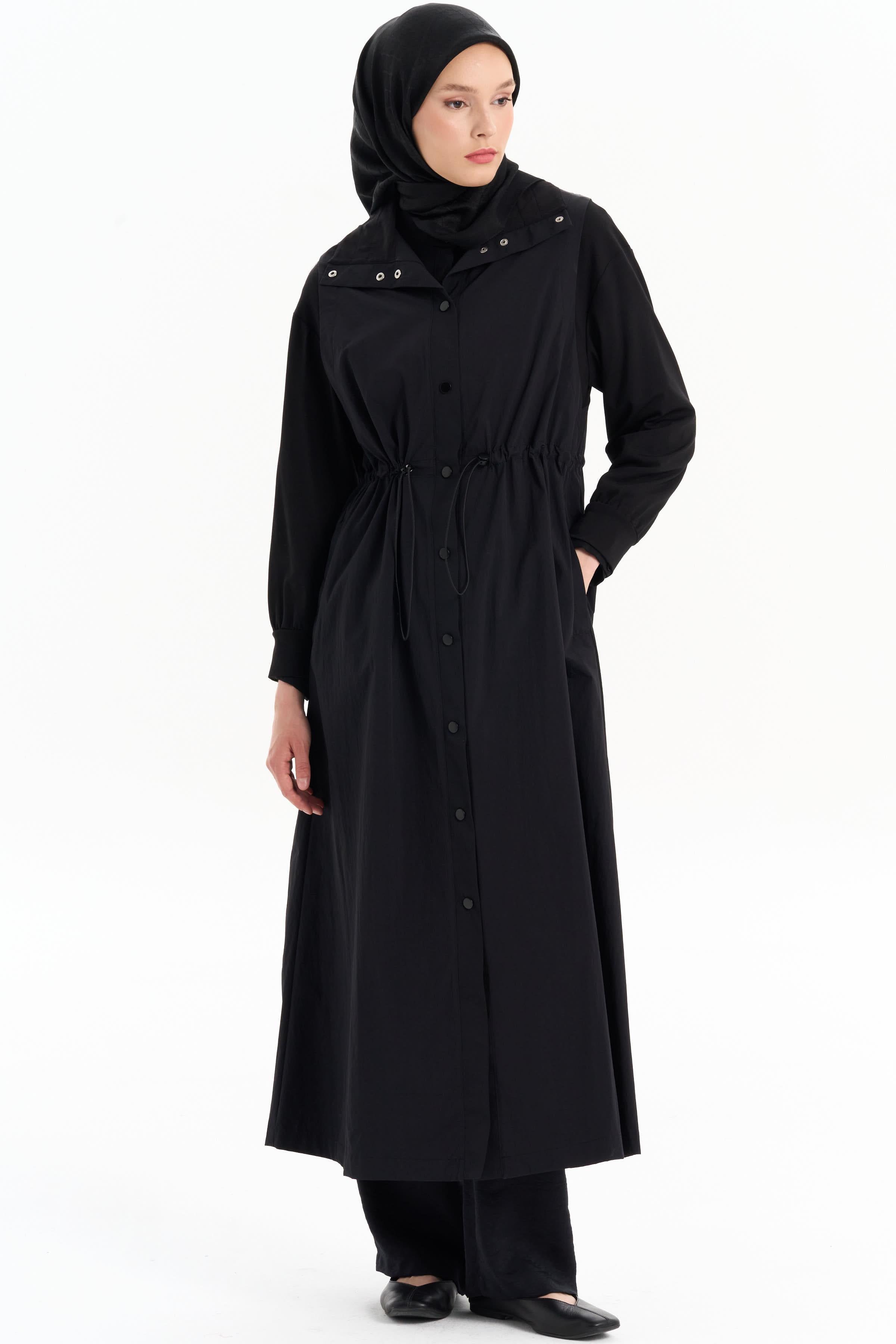 Bel Büzgülü Pardesü - Siyah TUGBA