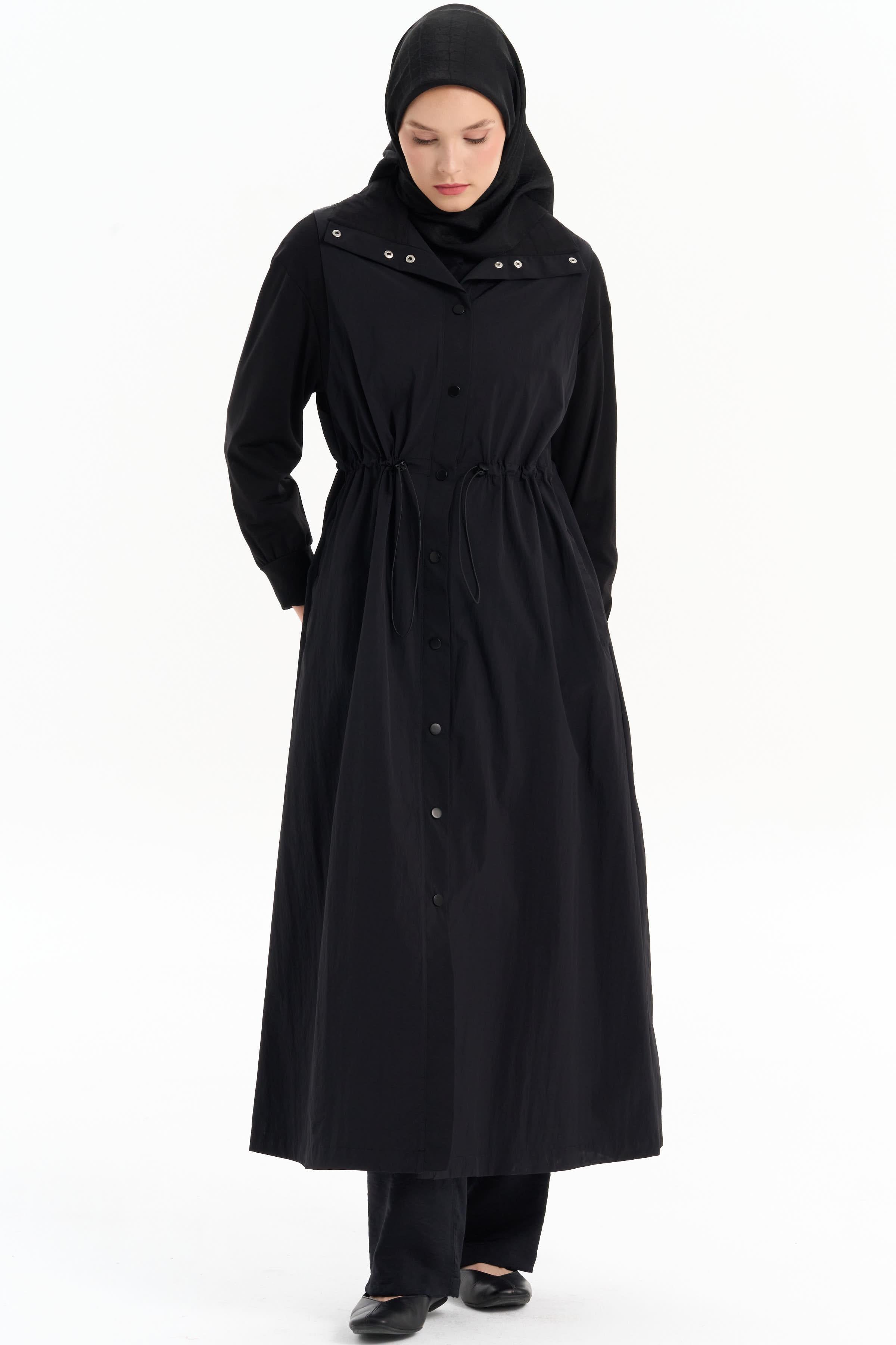 Bel Büzgülü Pardesü - Siyah TUGBA