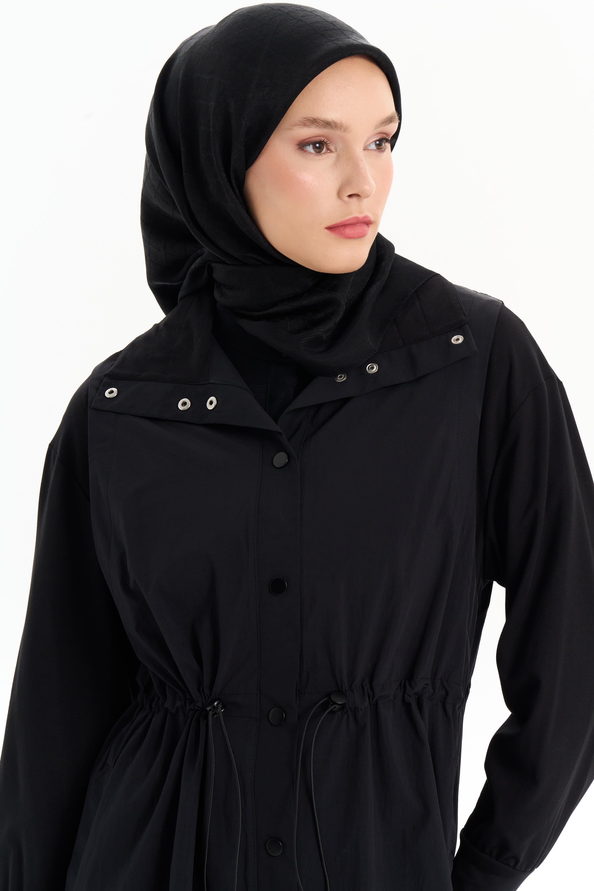 Bel Büzgülü Pardesü - Siyah TUGBA