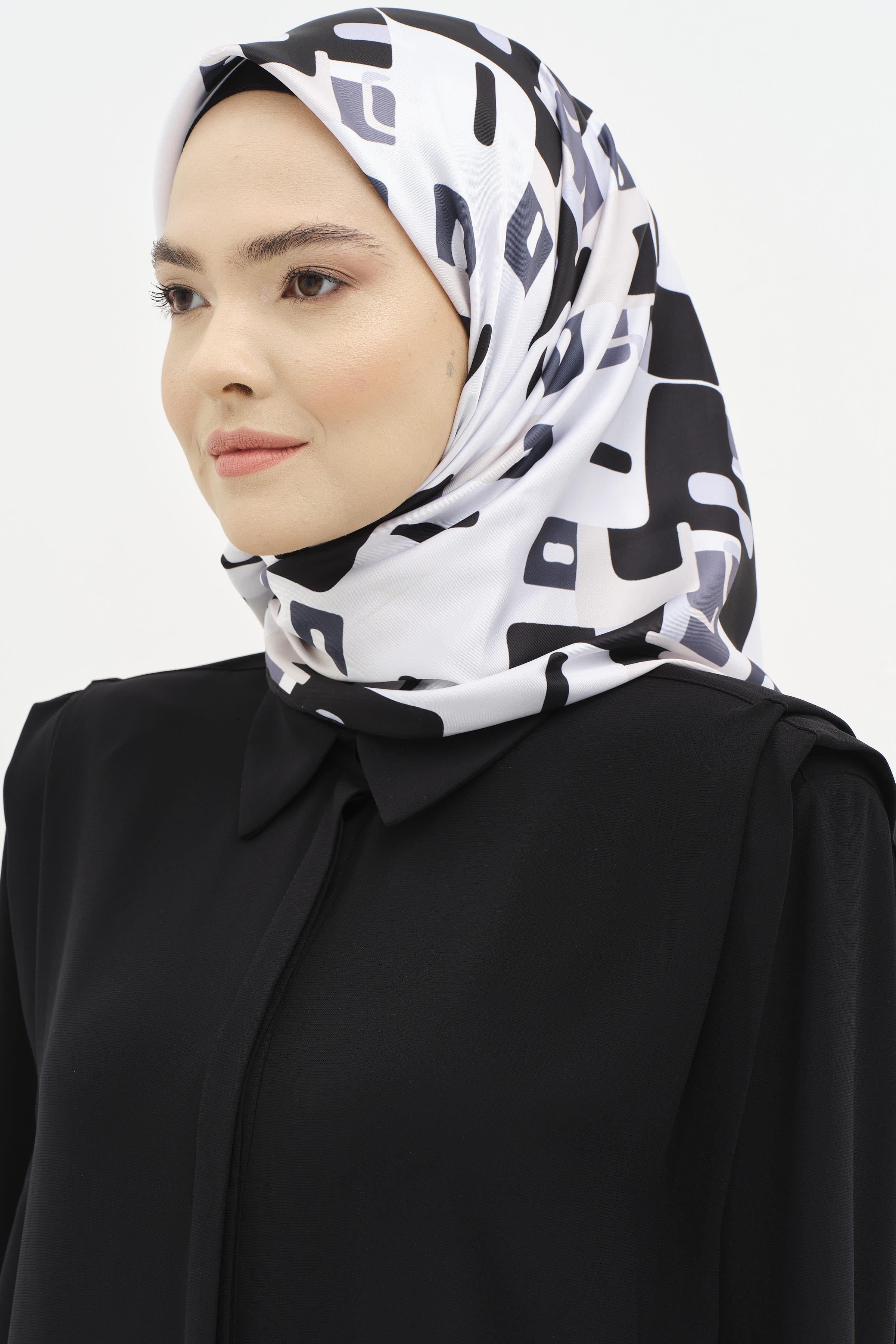 Soyut Desen Stil Eşarp - Siyah - Ekru TUGBA