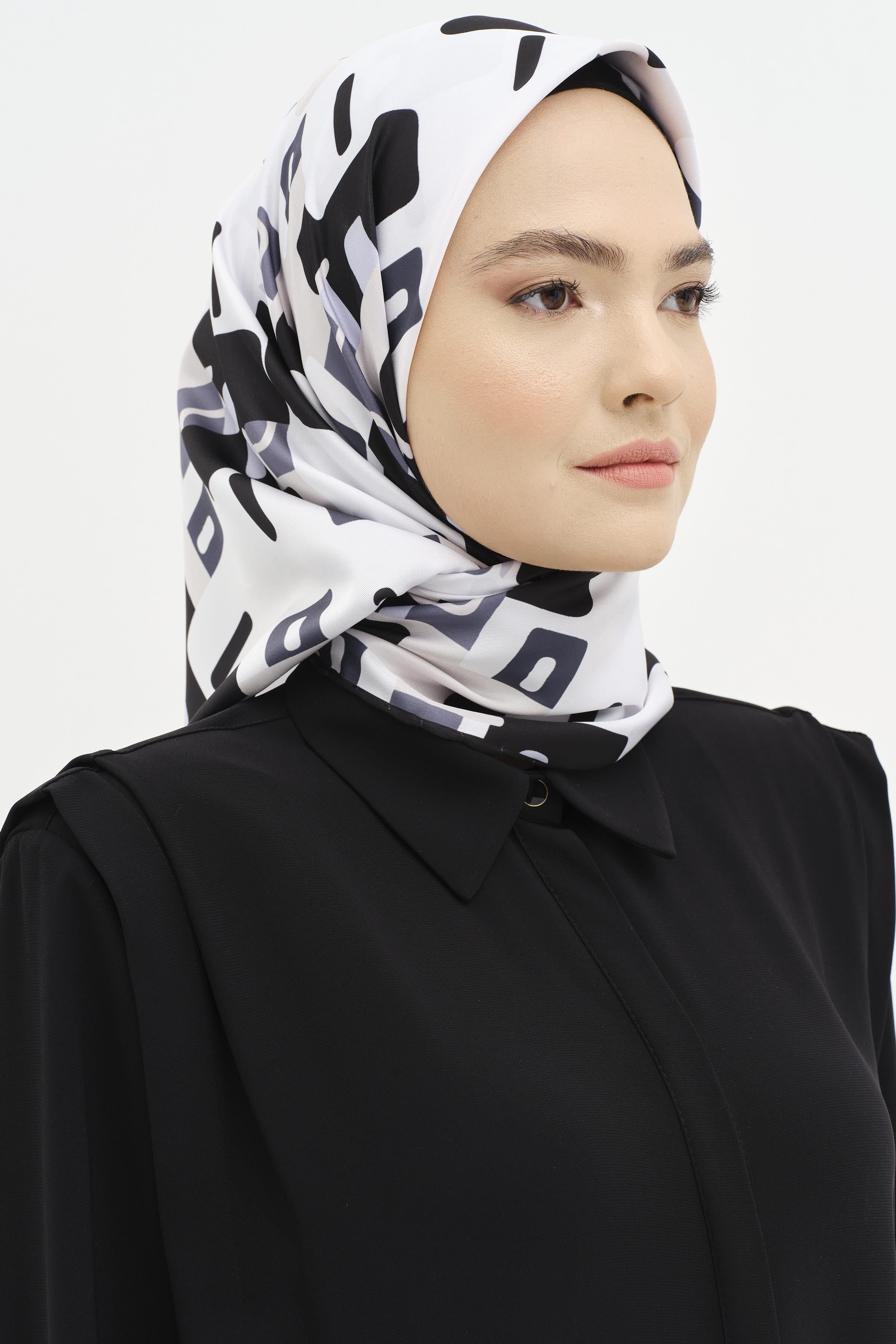 Soyut Desen Stil Eşarp - Siyah - Ekru TUGBA