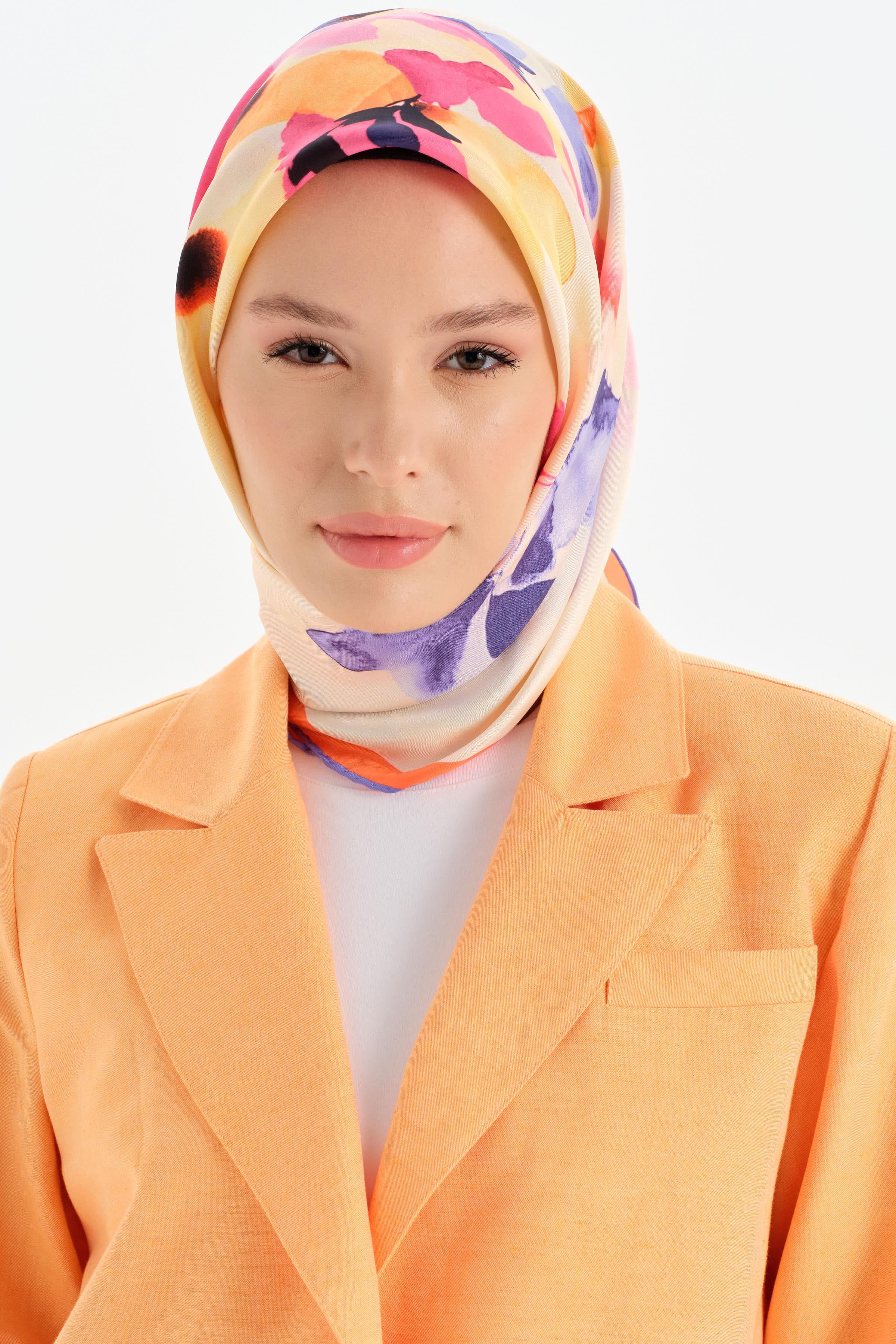 Suluboya Desen Twill İpek Eşarp - Pembe TUGBA