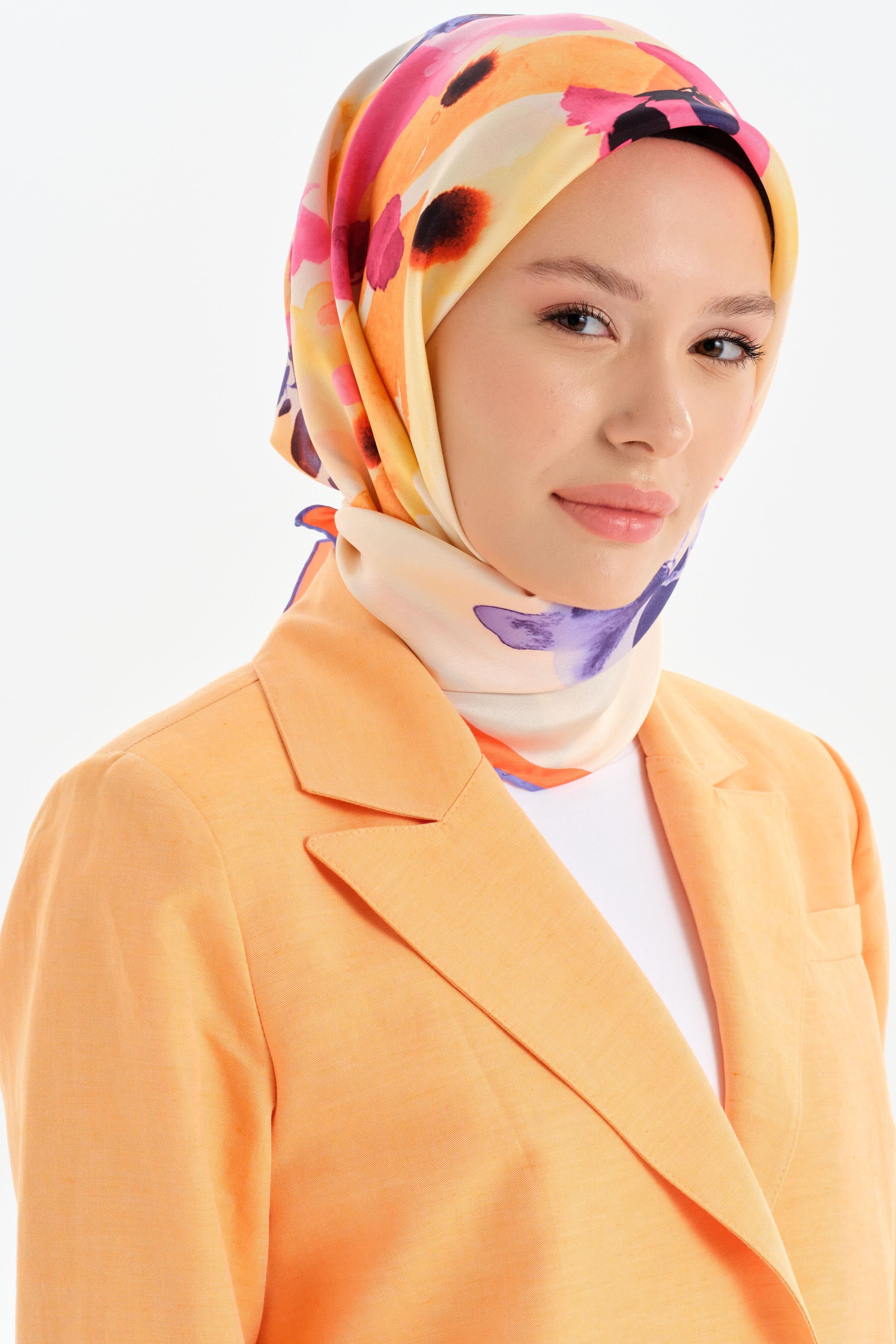 Suluboya Desen Twill İpek Eşarp - Pembe TUGBA