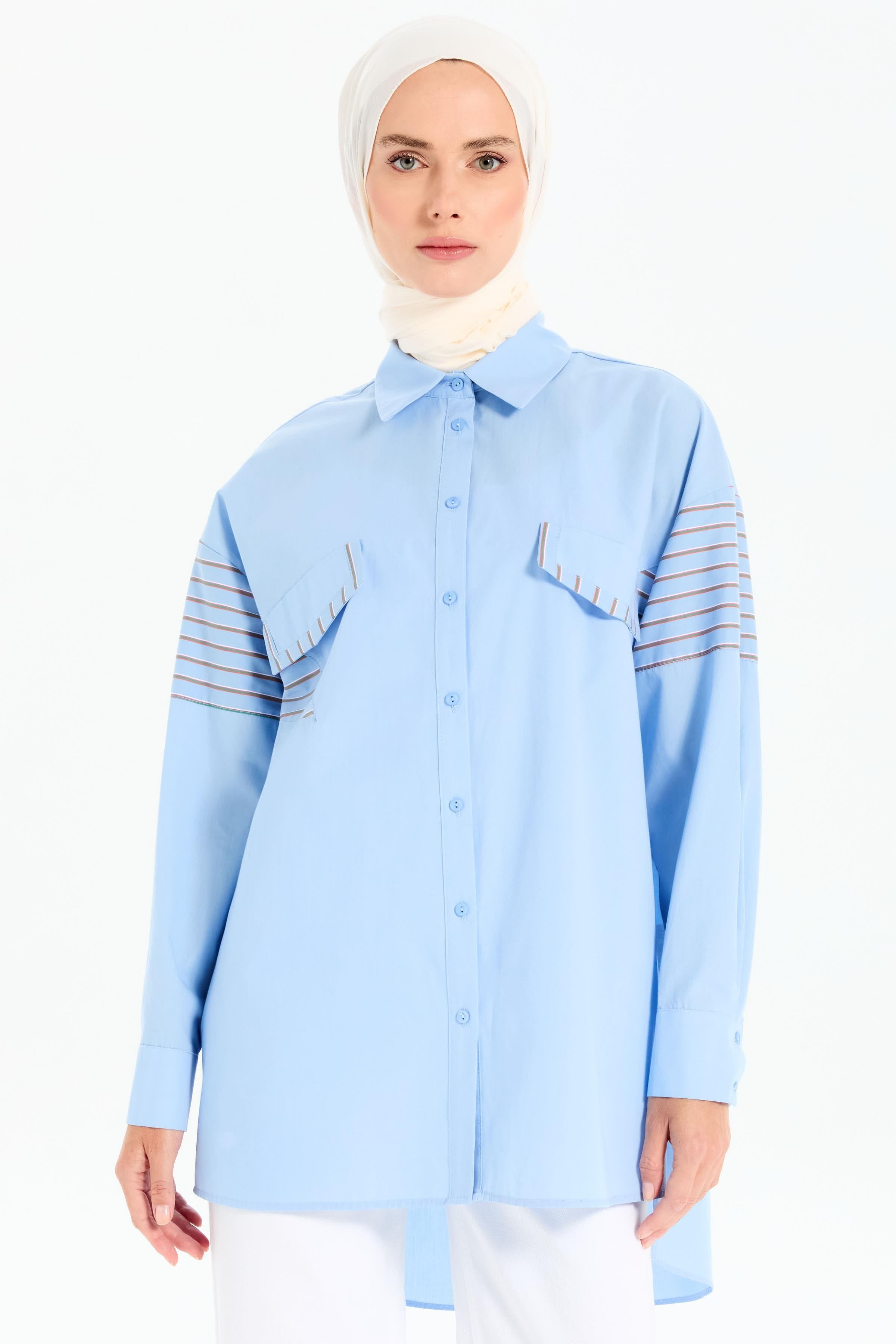 Süs Cep Kapaklı Garnili Gömlek - Açık Mavi TUGBA