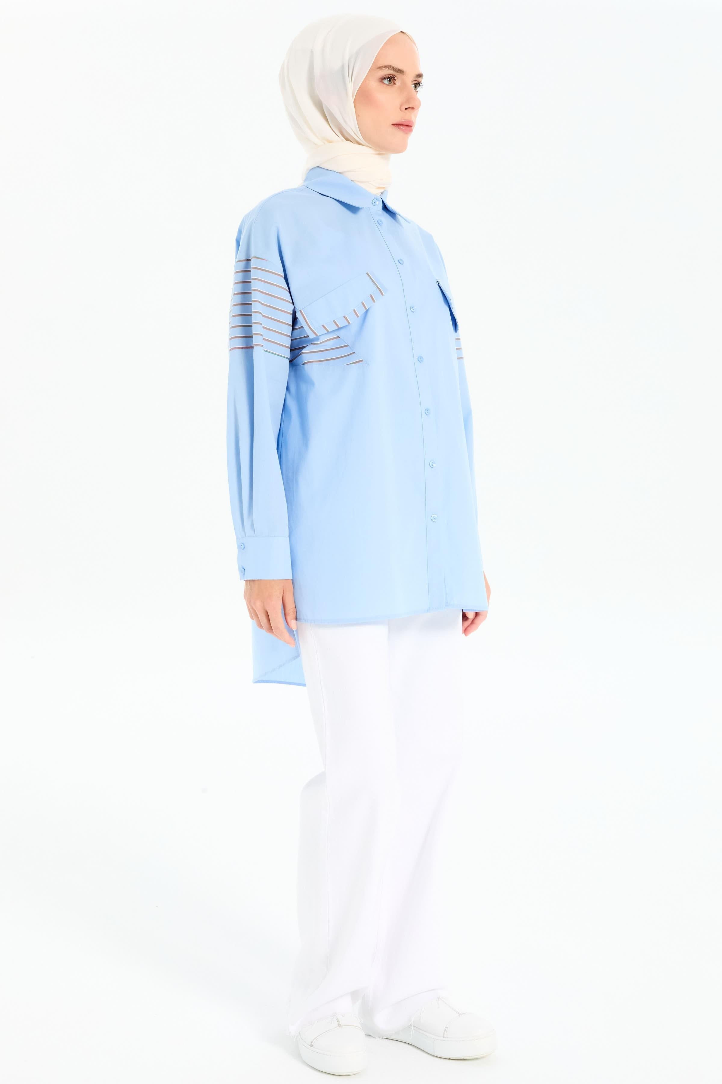 Süs Cep Kapaklı Garnili Gömlek - Açık Mavi TUGBA