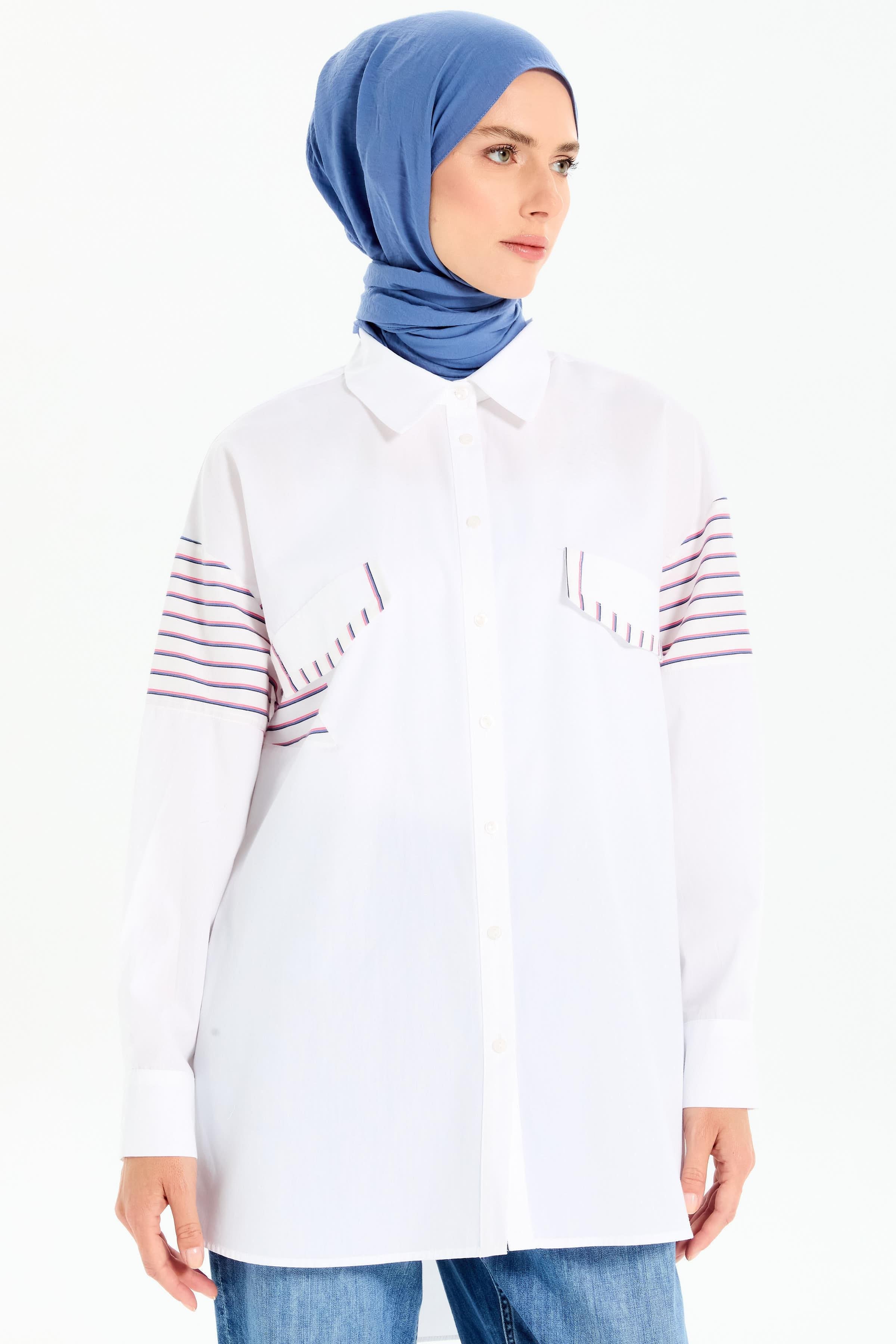 Süs Cep Kapaklı Garnili Gömlek - Beyaz TUGBA