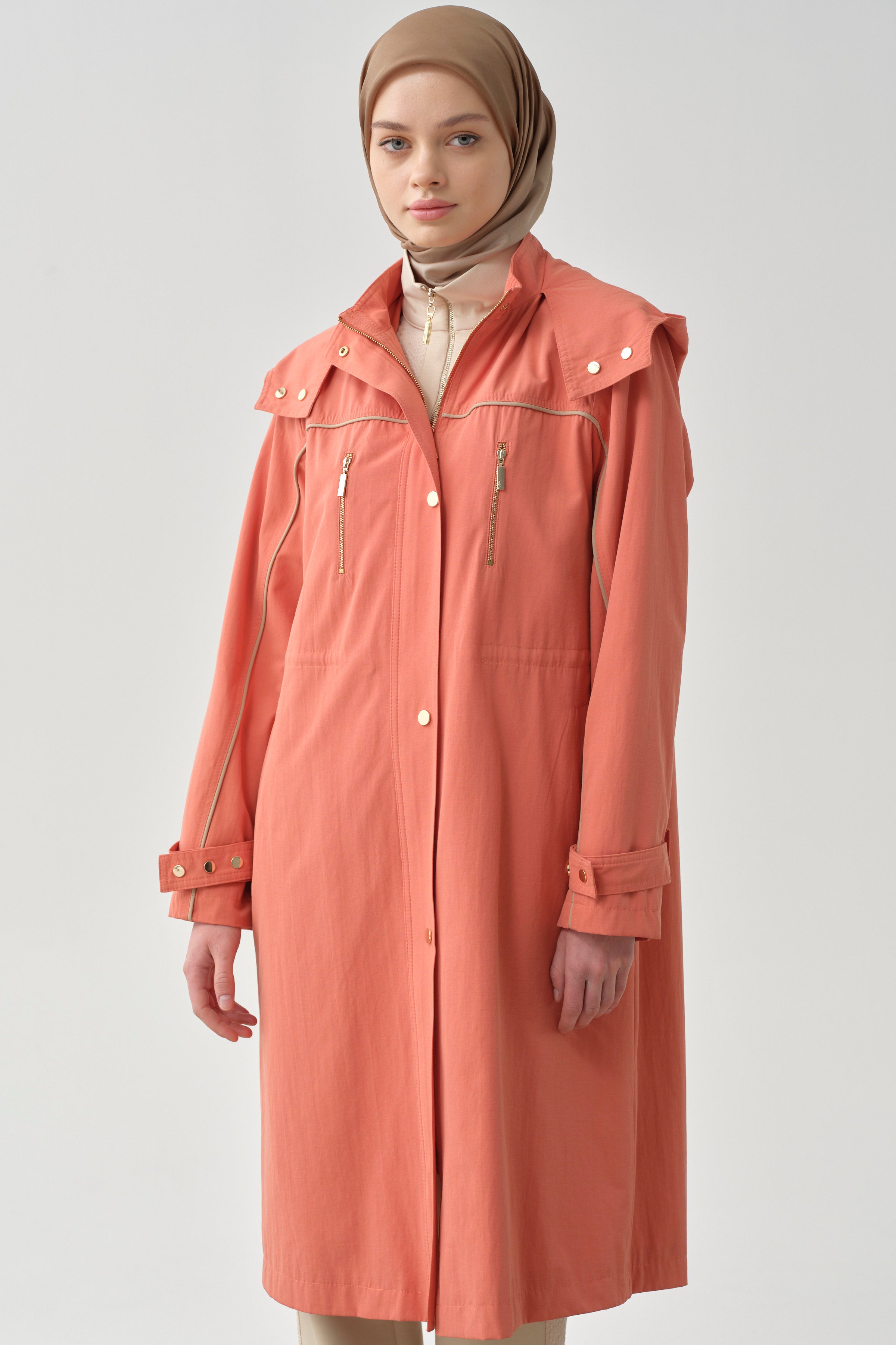 T Kol Garni Biyeli Kapüşonlu Trençkot - Oranj TUGBA