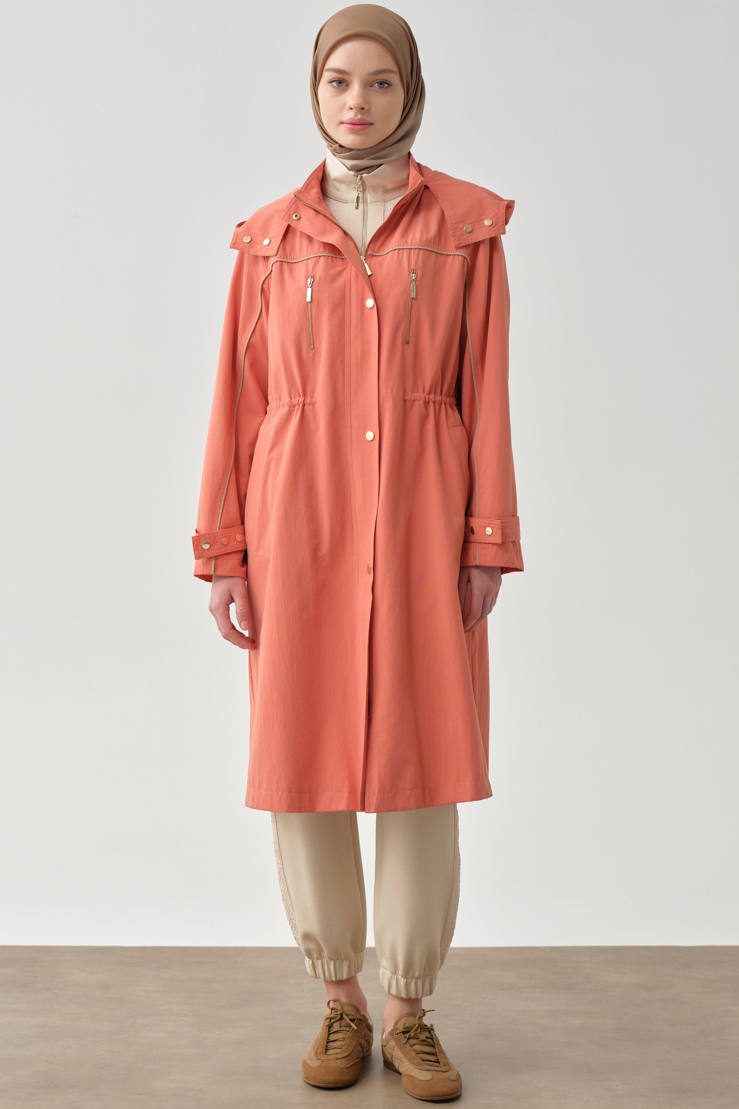 T Kol Garni Biyeli Kapüşonlu Trençkot - Oranj TUGBA