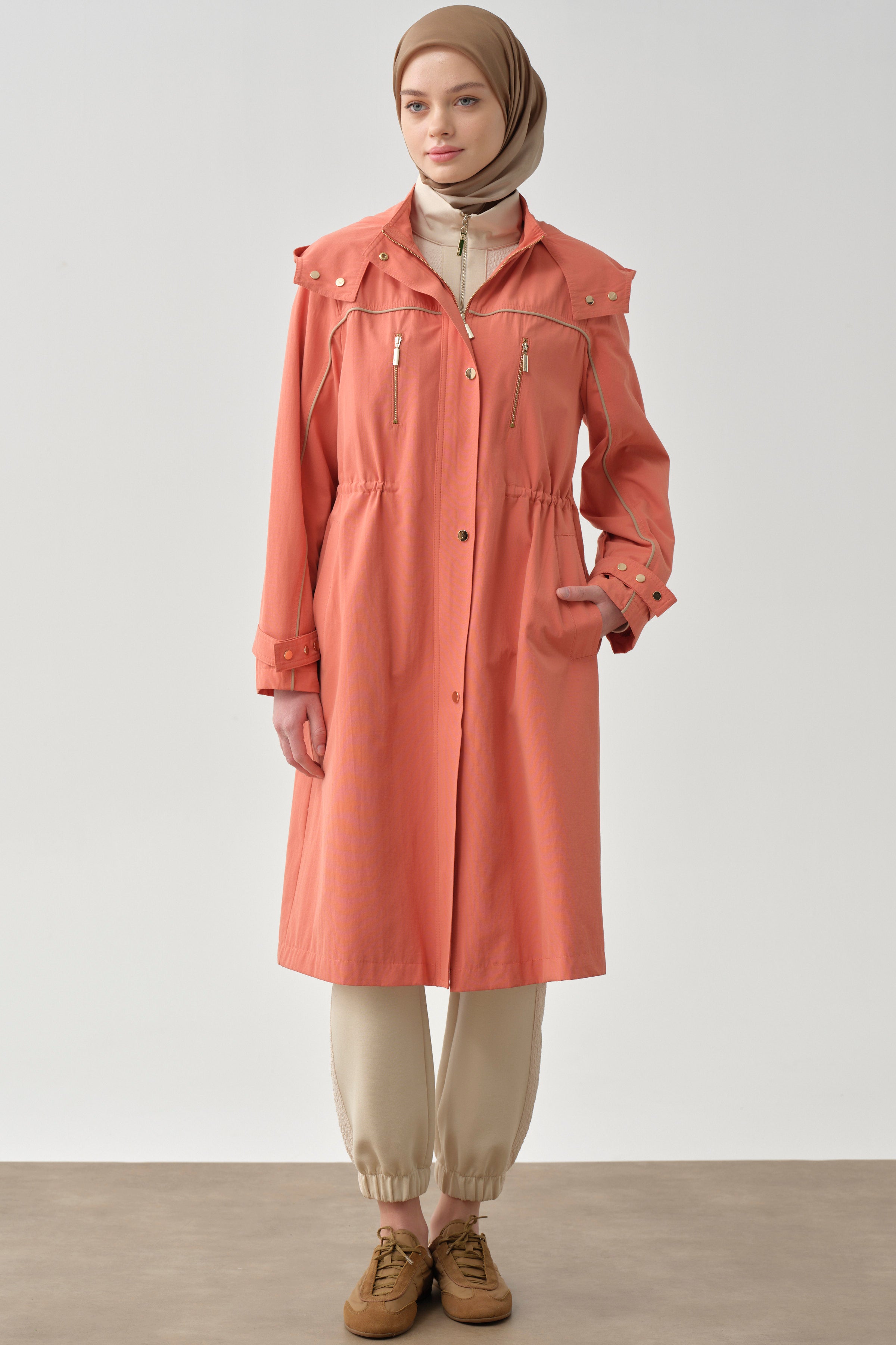 T Kol Garni Biyeli Kapüşonlu Trençkot - Oranj TUGBA