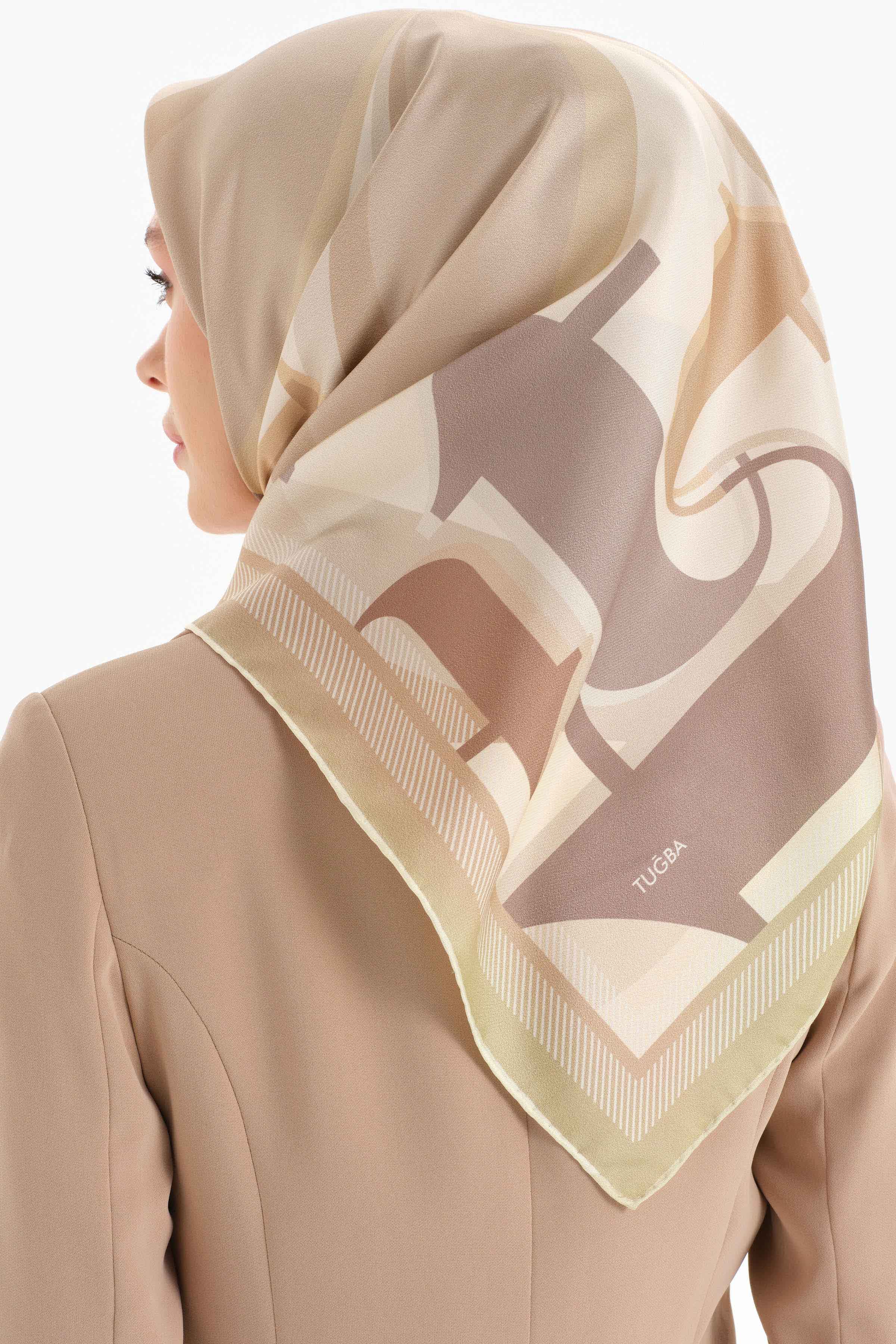 T Logolu Twill İpek Eşarp - Açık Kahve TUGBA