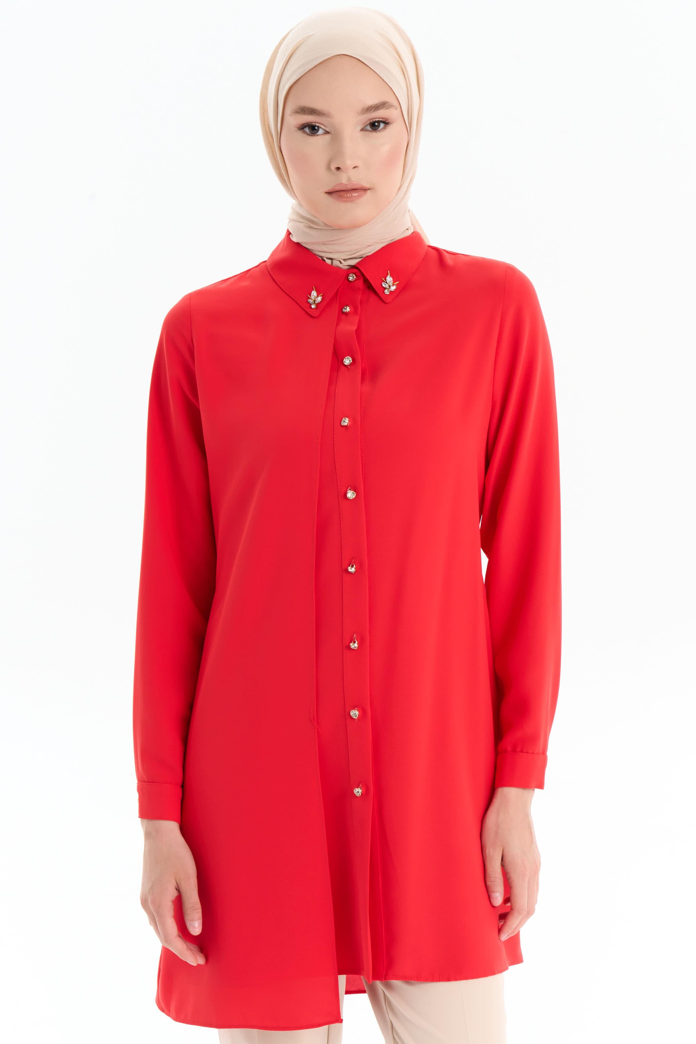 Taş Aksesuarlı Şık Tunik - Mercan TUGBA
