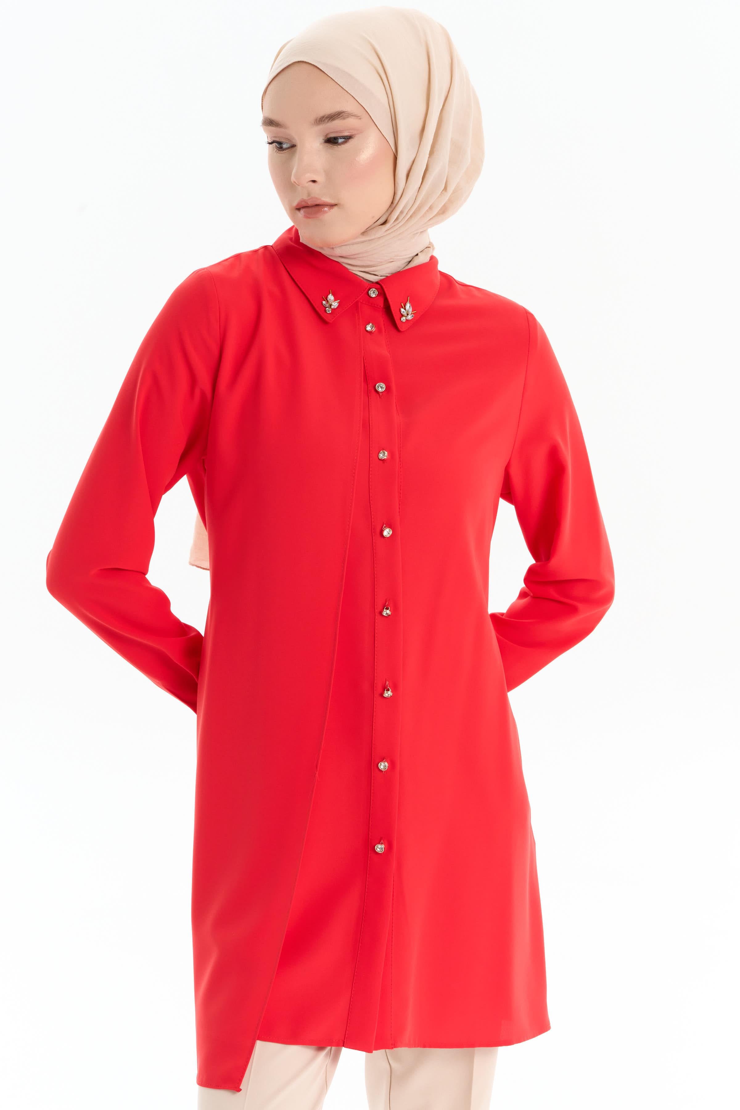 Taş Aksesuarlı Şık Tunik - Mercan TUGBA