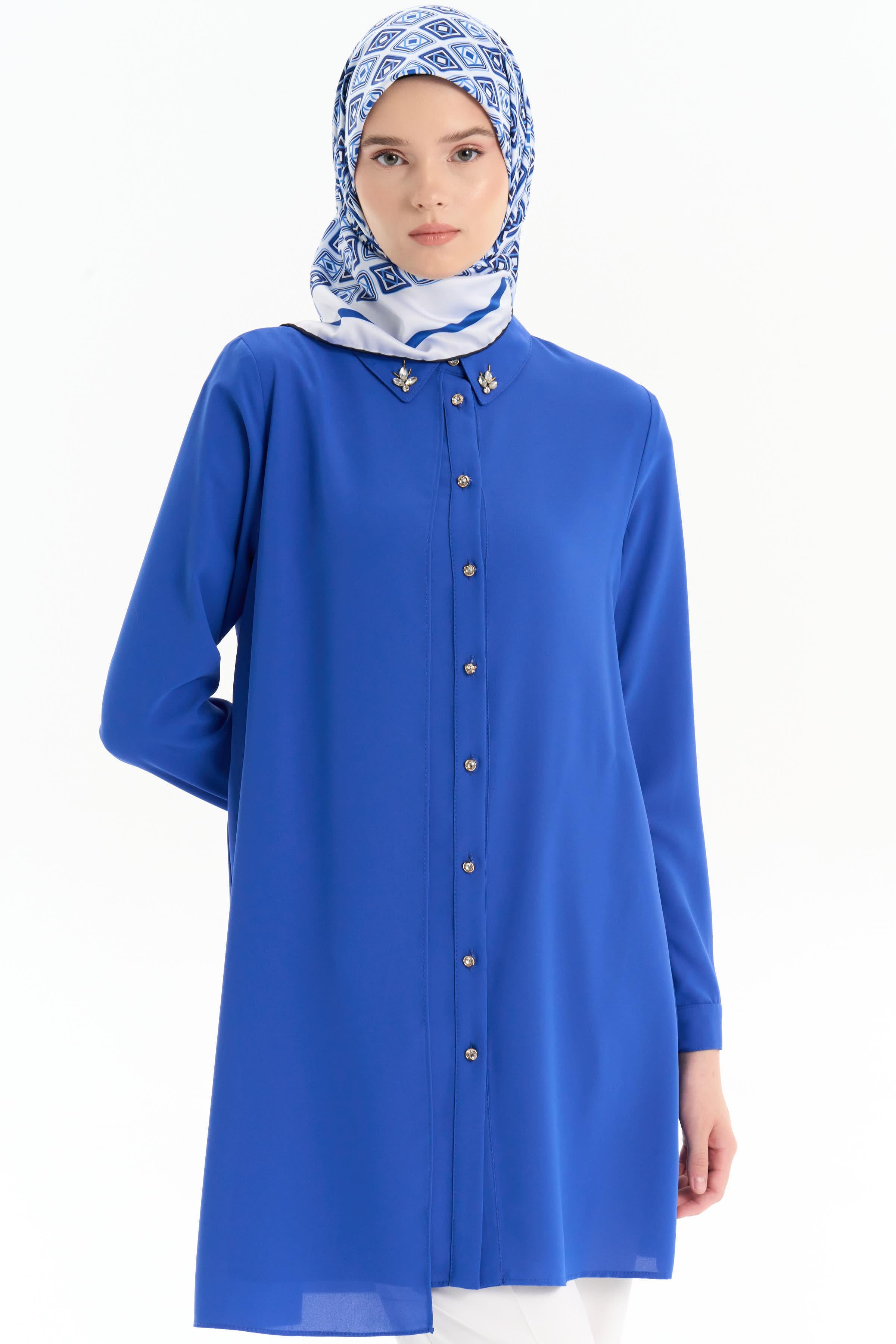 Taş Aksesuarlı Şık Tunik - Saks TUGBA