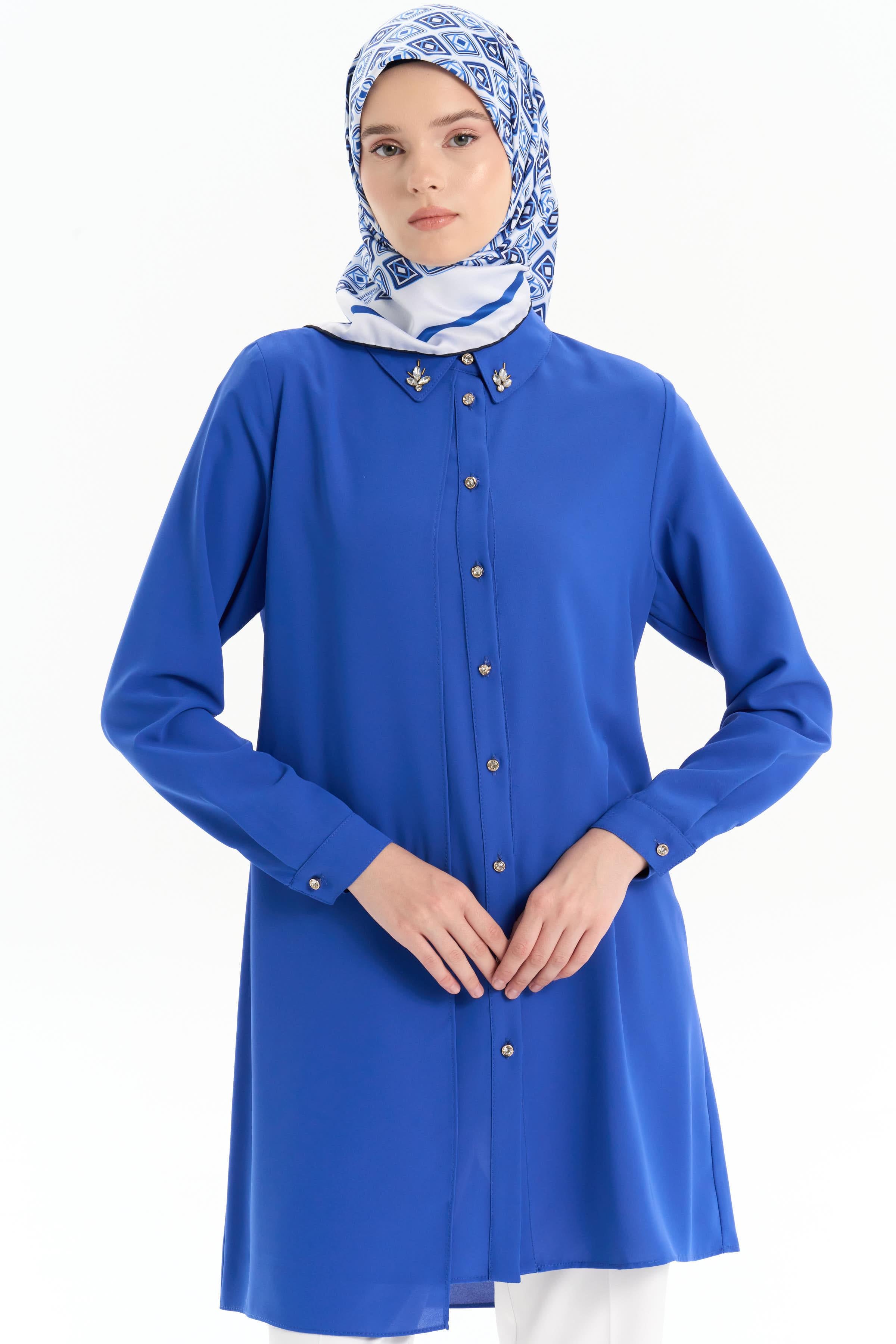 Taş Aksesuarlı Şık Tunik - Saks TUGBA