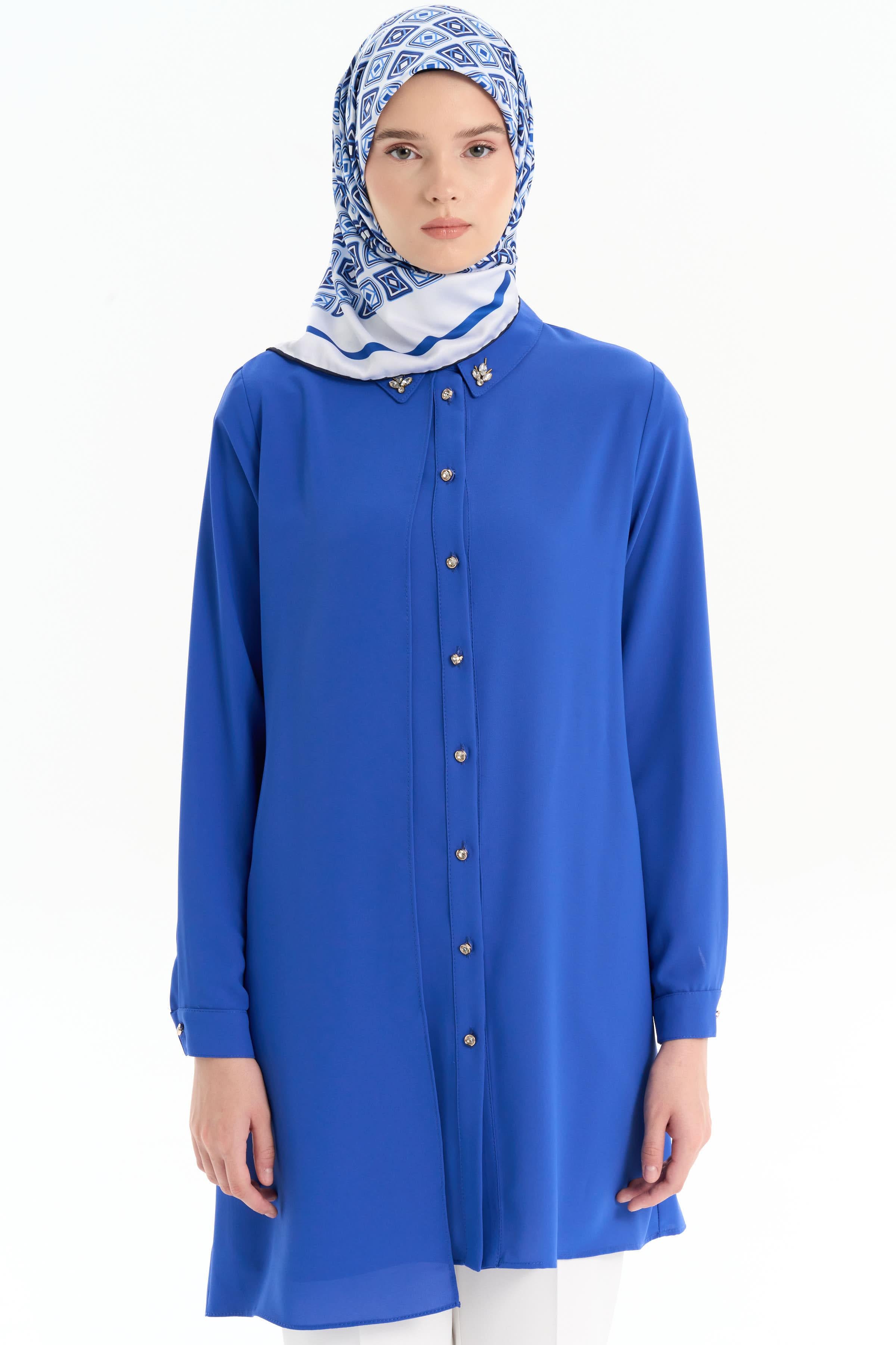 Taş Aksesuarlı Şık Tunik - Saks TUGBA