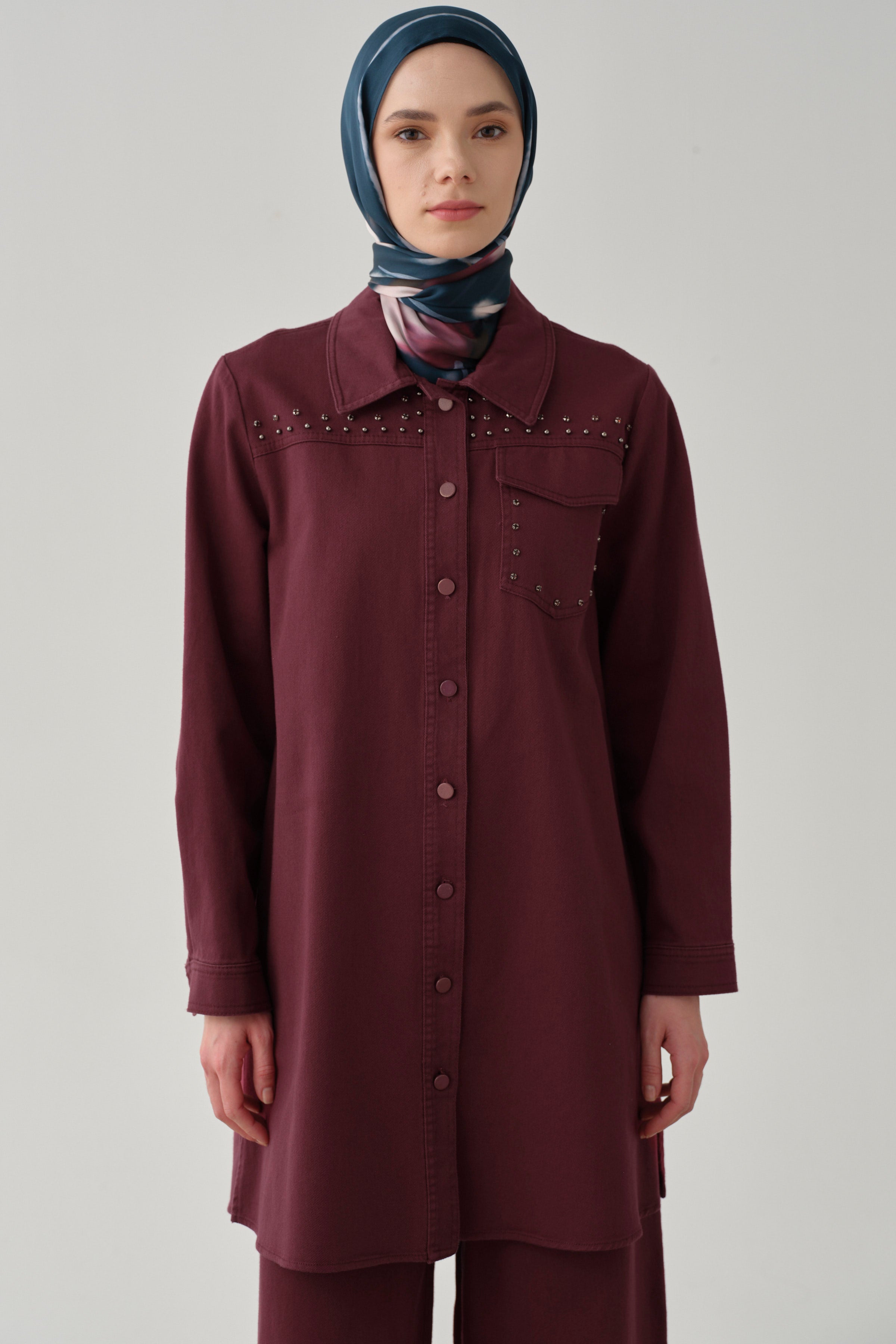 Taş Çakmalı Yırtmaçlı Canvas Gömlek - Mürdüm TUGBA