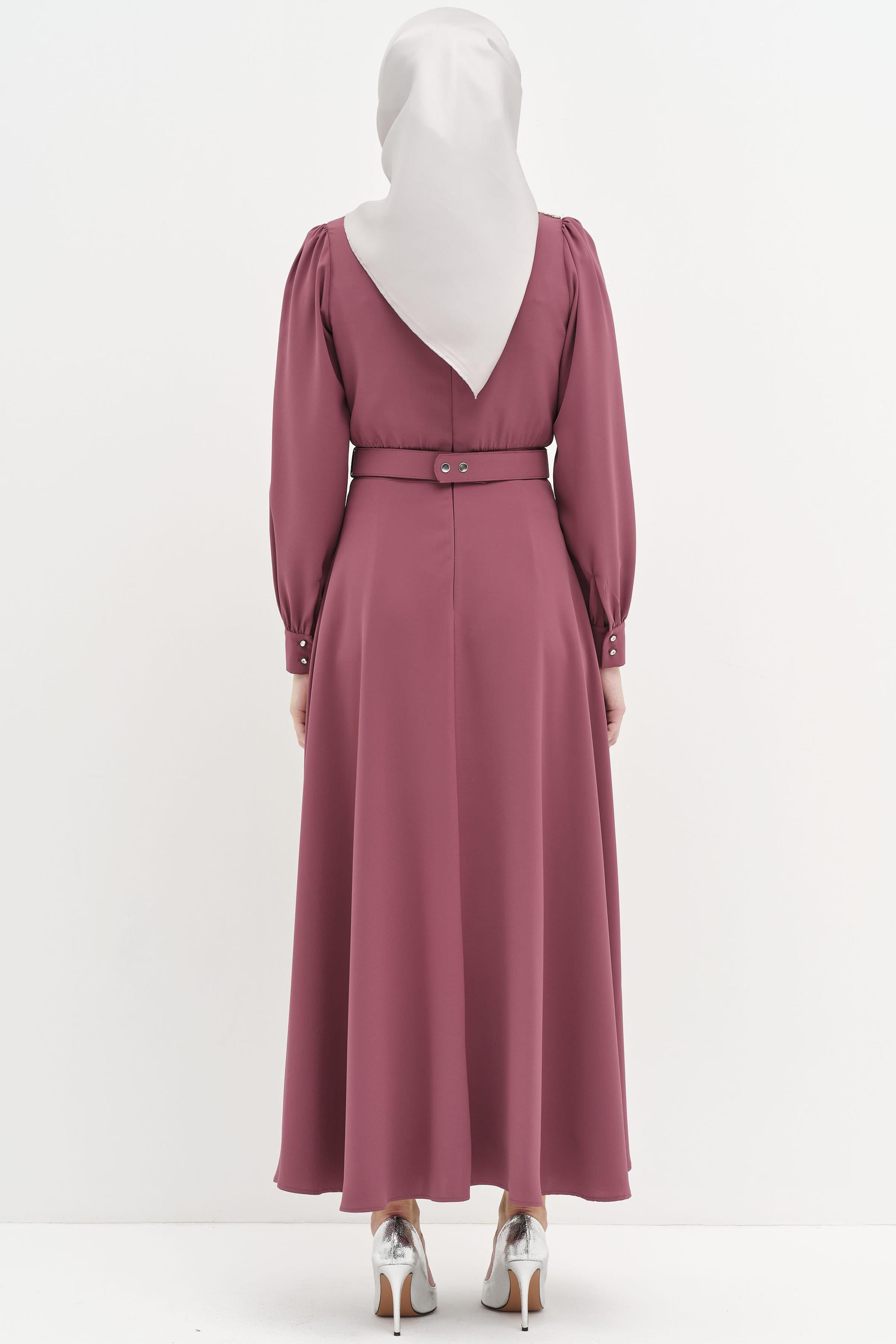 Taş Detaylı Kemerli Elbise - Gül Kurusu TUGBA