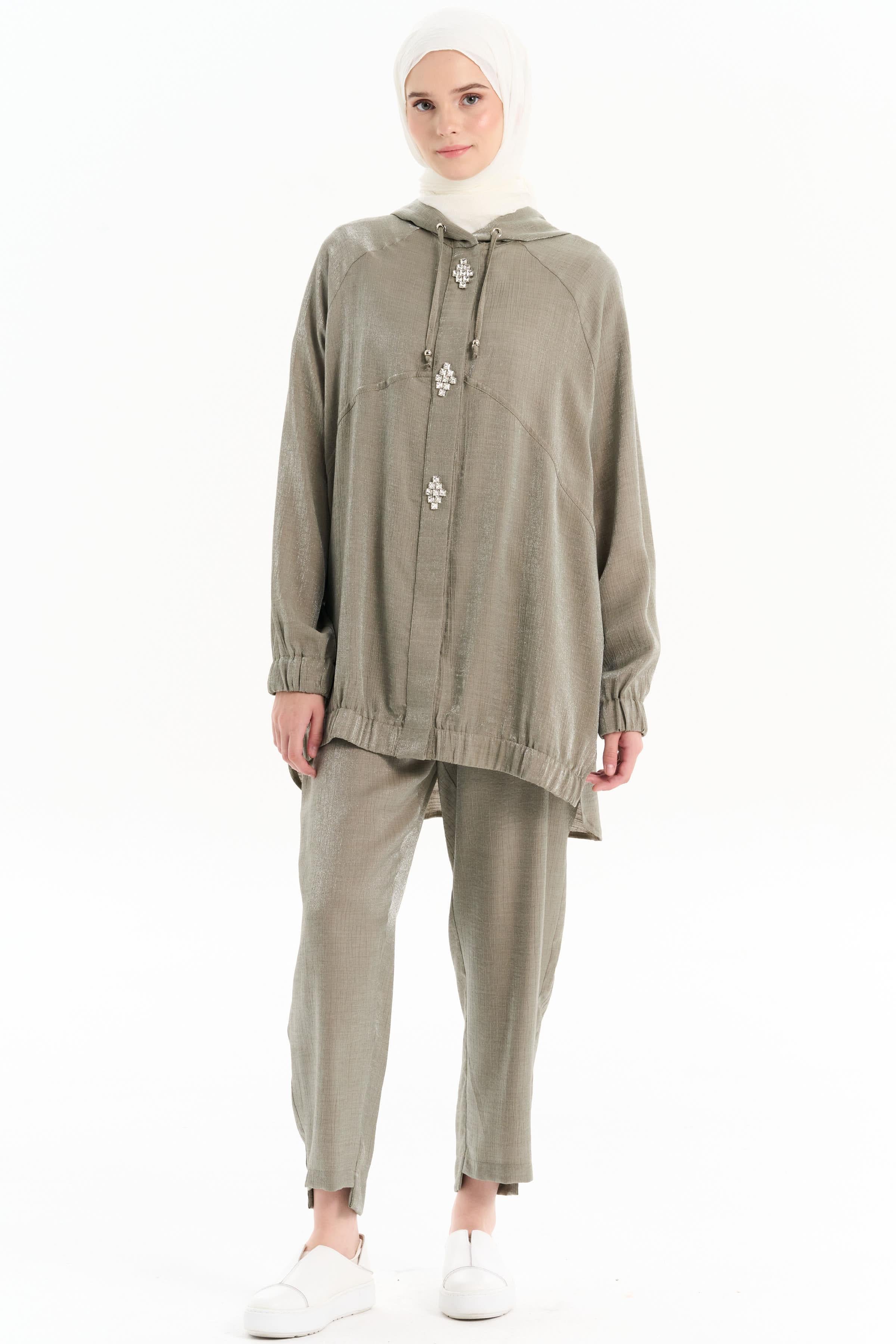 Taş Detaylı Tunik Pantolon Takım - Yeşil TUGBA