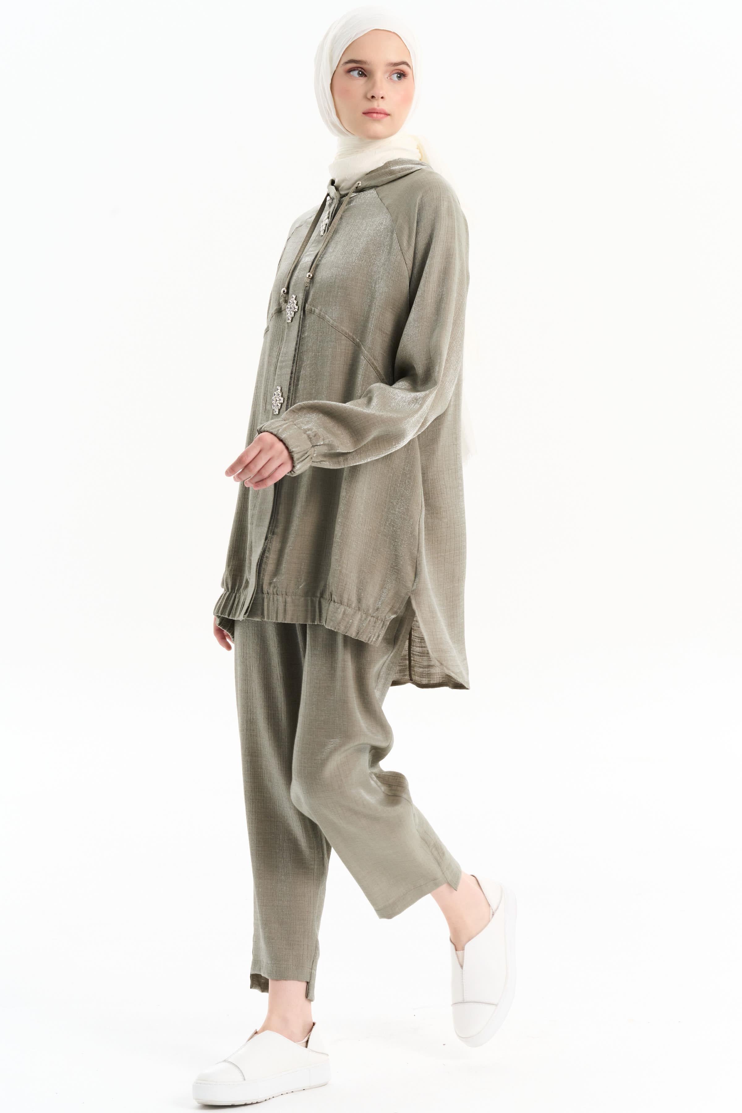 Taş Detaylı Tunik Pantolon Takım - Yeşil TUGBA