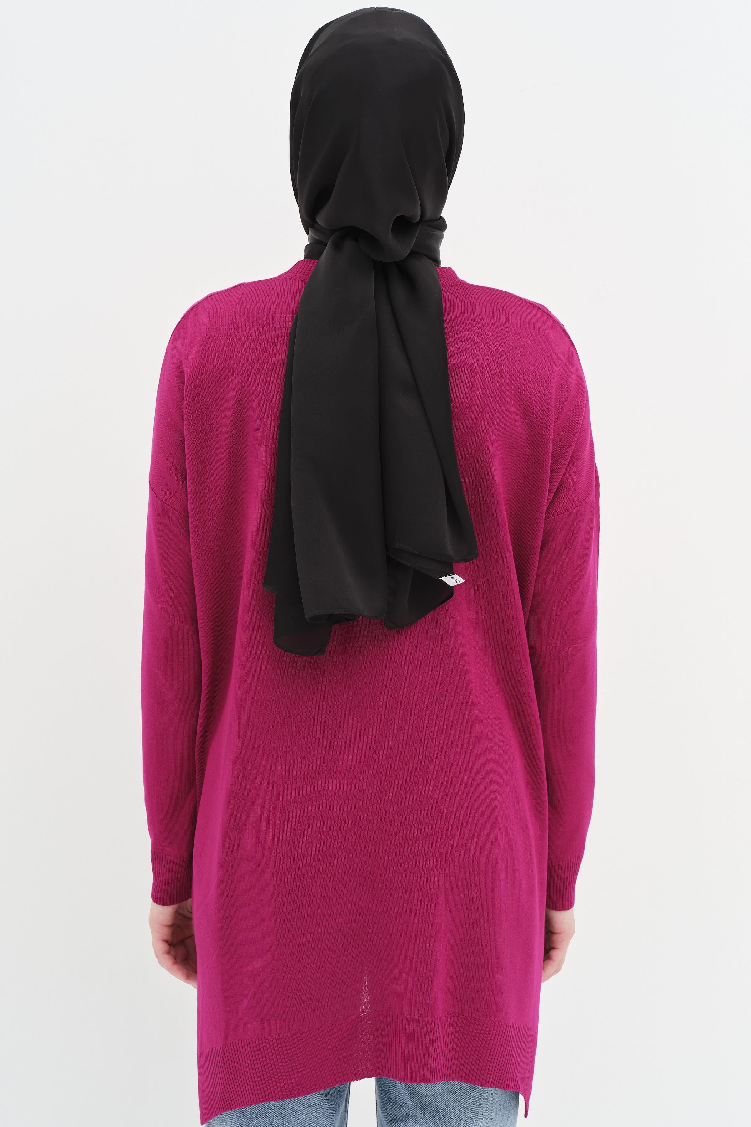 Taş Detaylı Yırtmaçlı Triko Tunik - Fuşya TUGBA