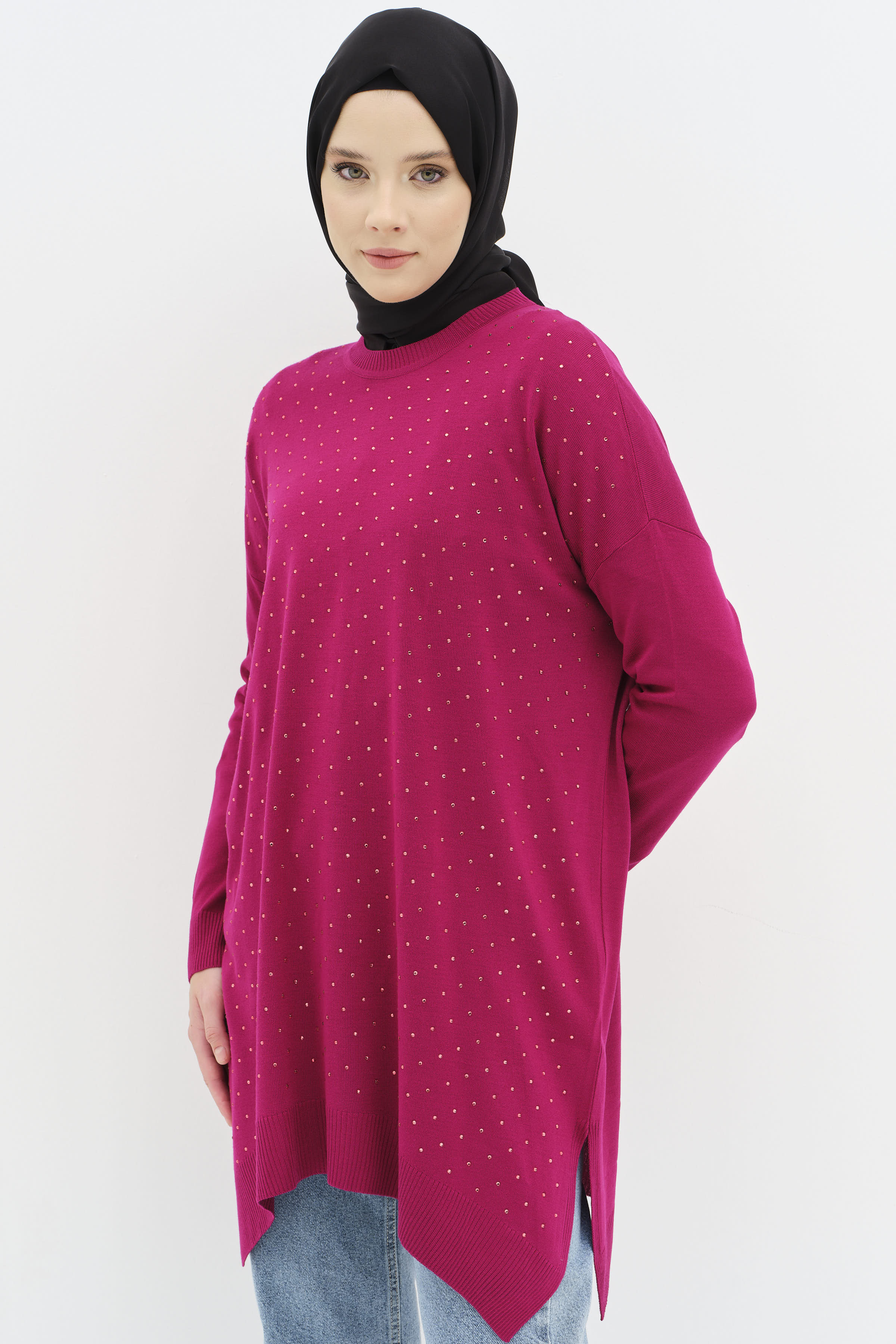 Taş Detaylı Yırtmaçlı Triko Tunik - Fuşya TUGBA