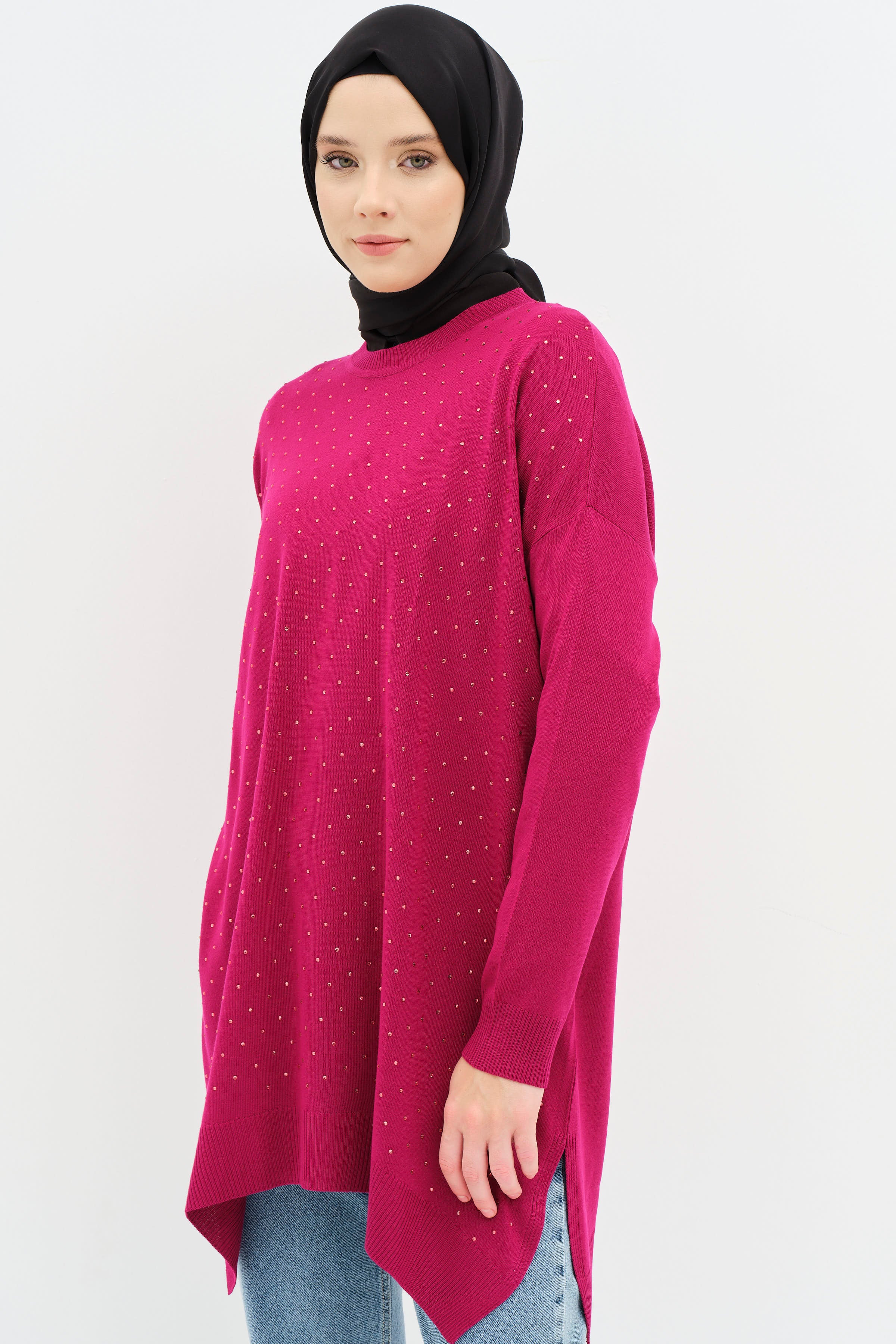 Taş Detaylı Yırtmaçlı Triko Tunik - Fuşya TUGBA