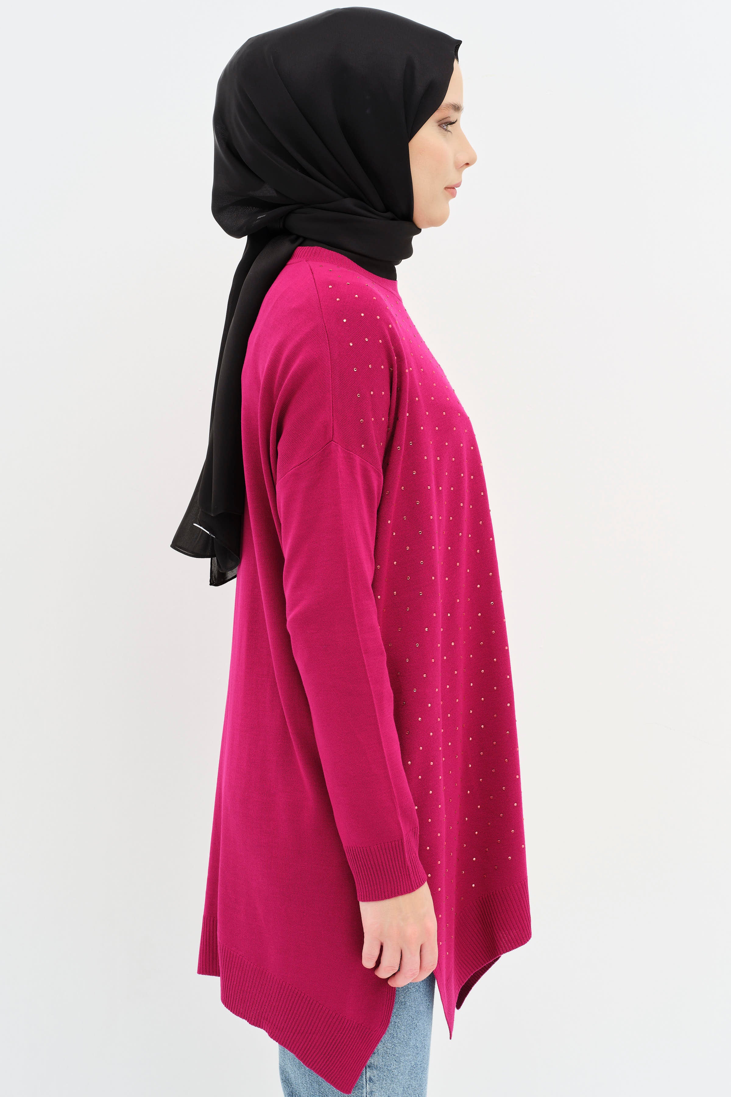 Taş Detaylı Yırtmaçlı Triko Tunik - Fuşya TUGBA