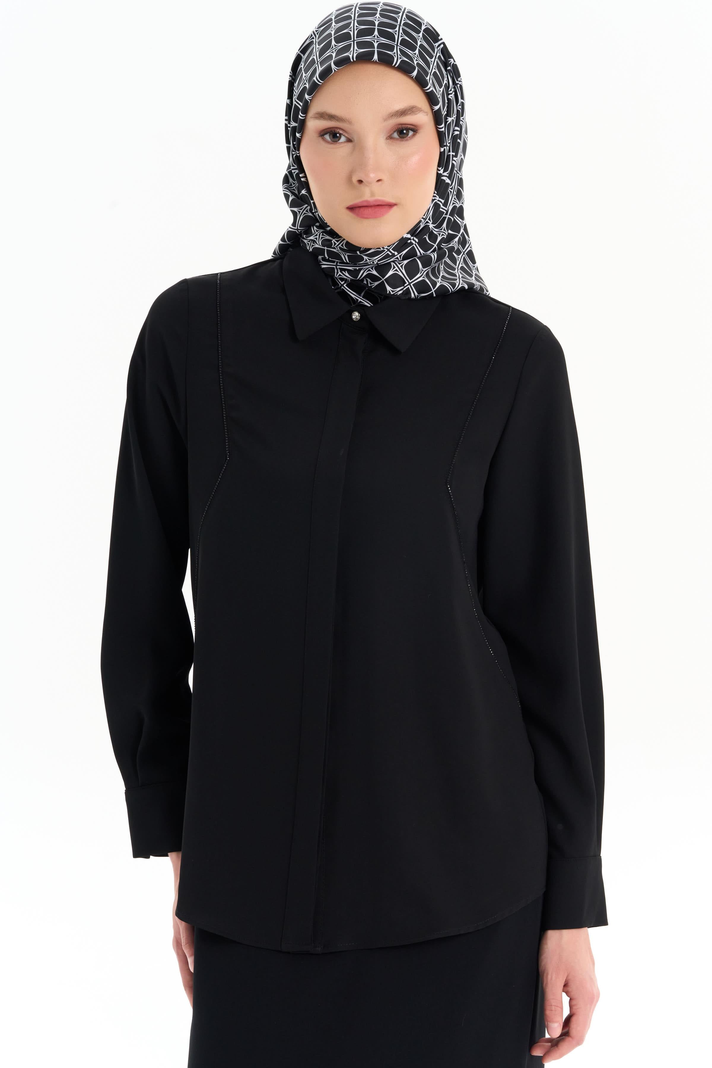 Taş Şerit Detaylı Gömlek - Siyah TUGBA